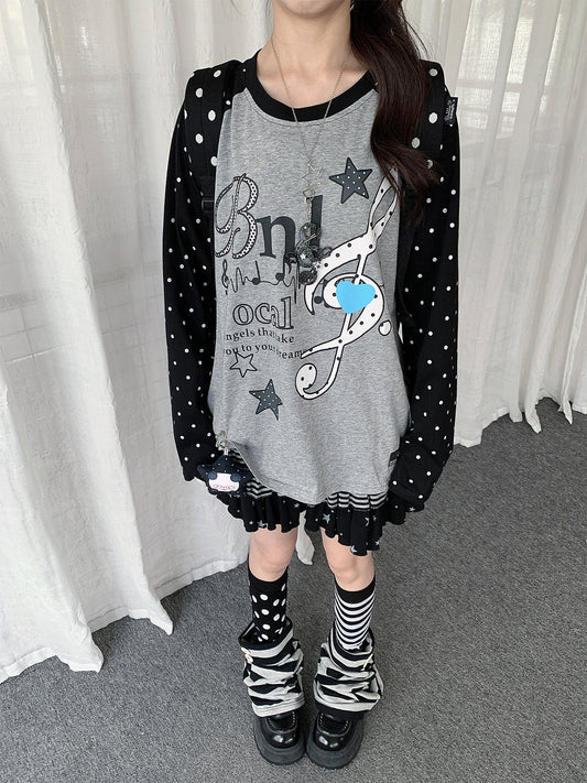 Music Note Polka Dot Layered Raglan Long Sleeve Top