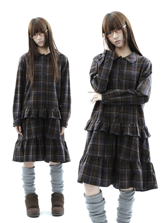Plaid Ruffle-Hem Long Sleeve Shirt Dress