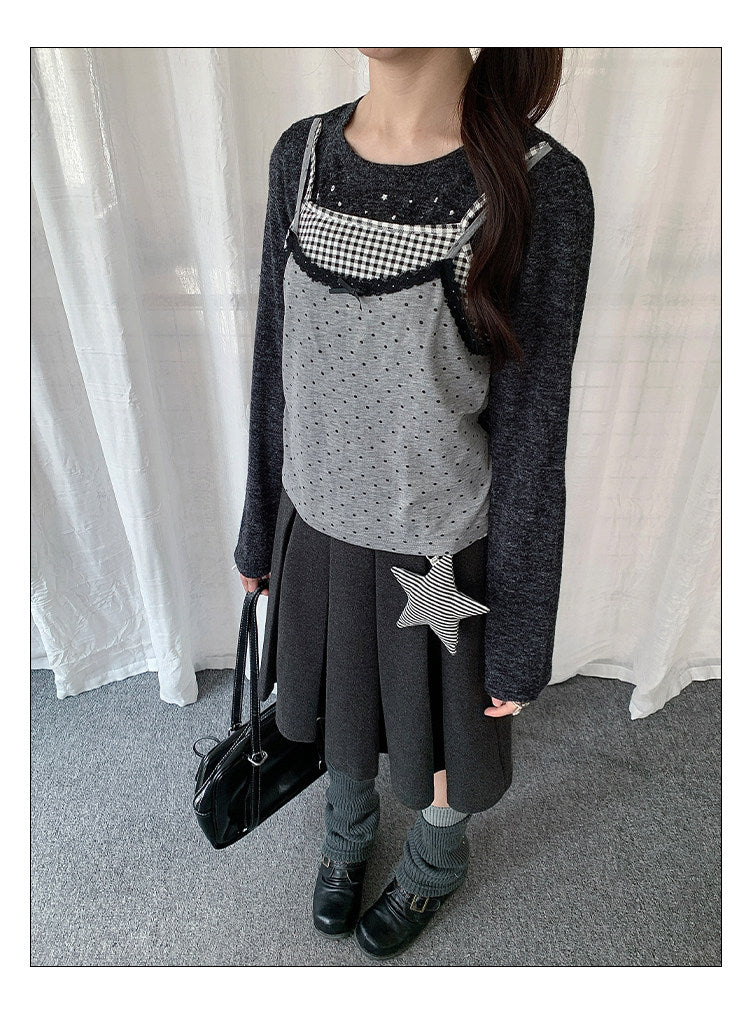 Black Gray Layered Gingham Cami Long Sleeve Top