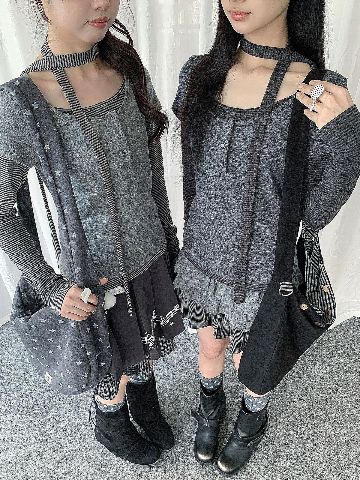 Striped Layered Henley Long Sleeve Top with Neck Tie