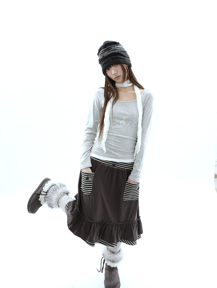 Music Note Striped Layered Long Sleeve Top with Scarf