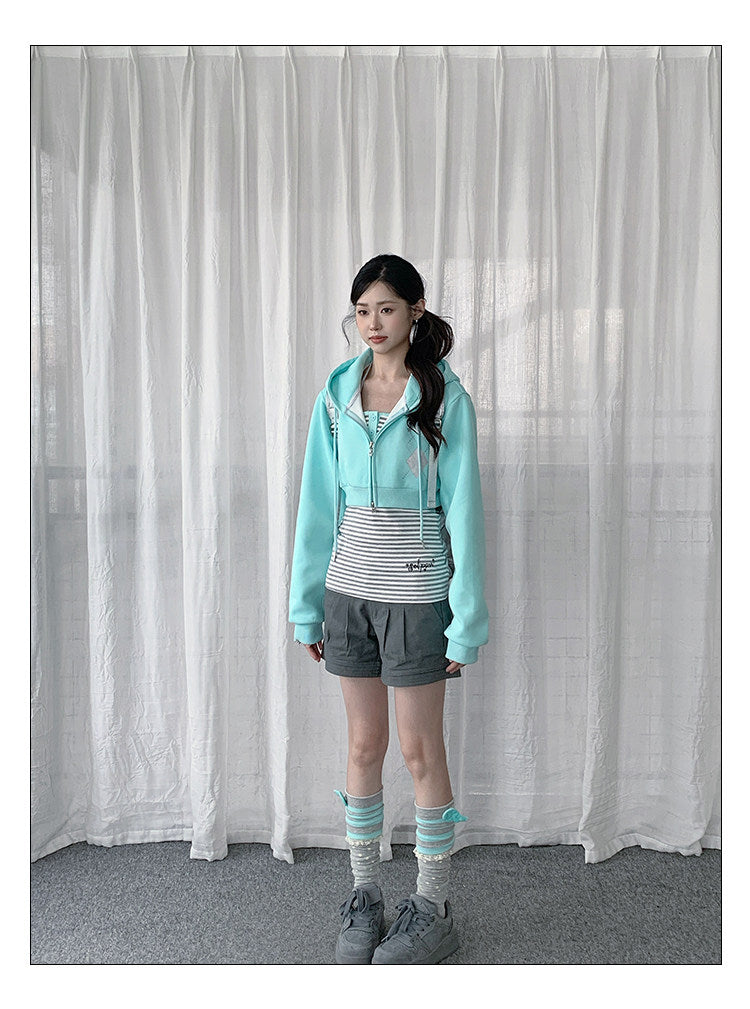 Striped Cami & Cropped Zip Hoodie Two-Piece Set