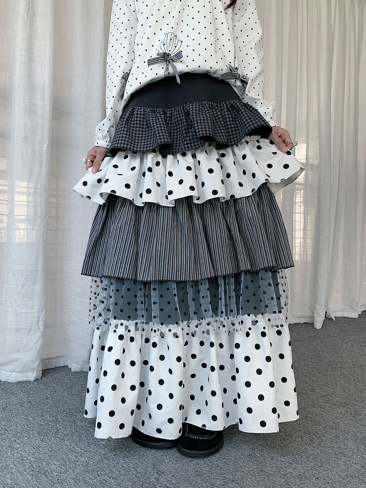 Mixed Polka Dot Plaid Tiered Maxi Skirt