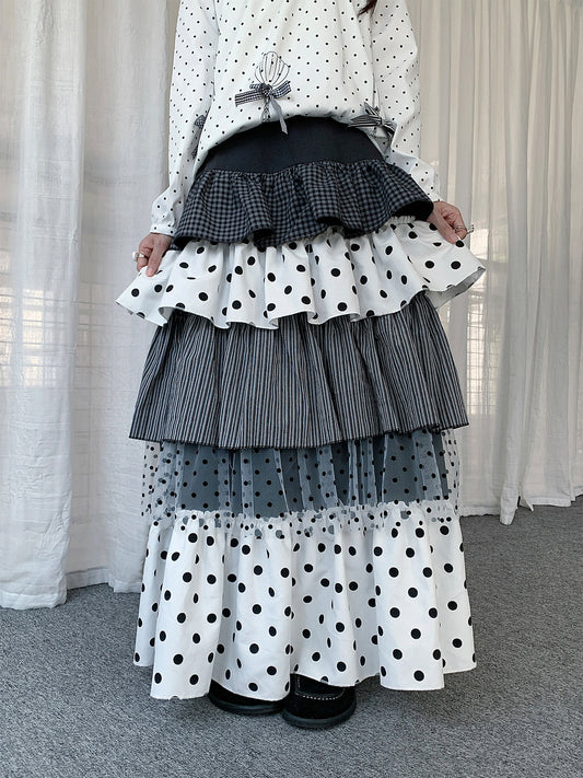 Mixed Polka Dot Plaid Tiered Maxi Skirt