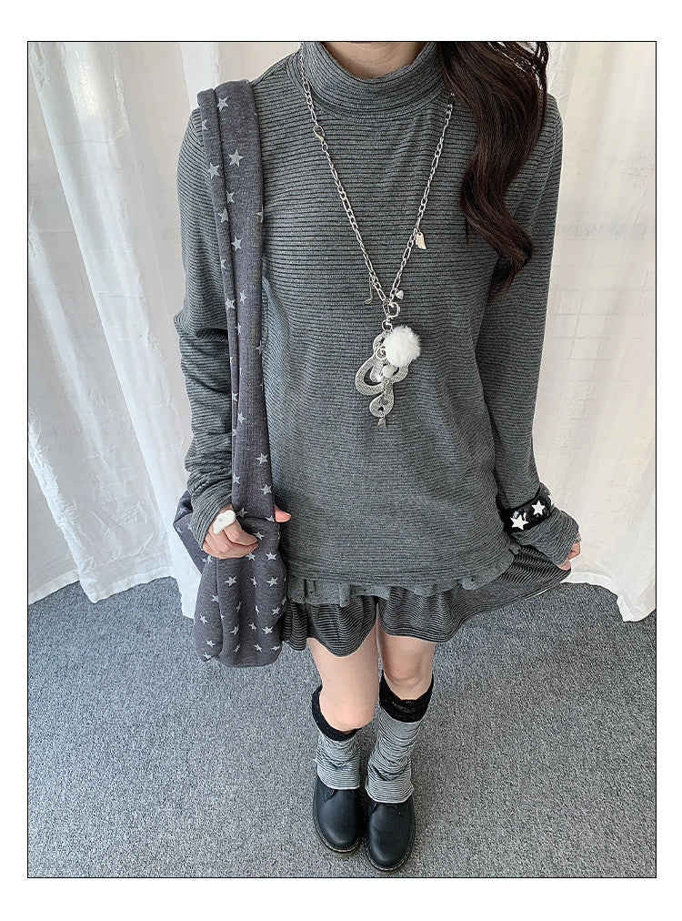 Fine Stripe Mock-Neck Long Sleeve Top