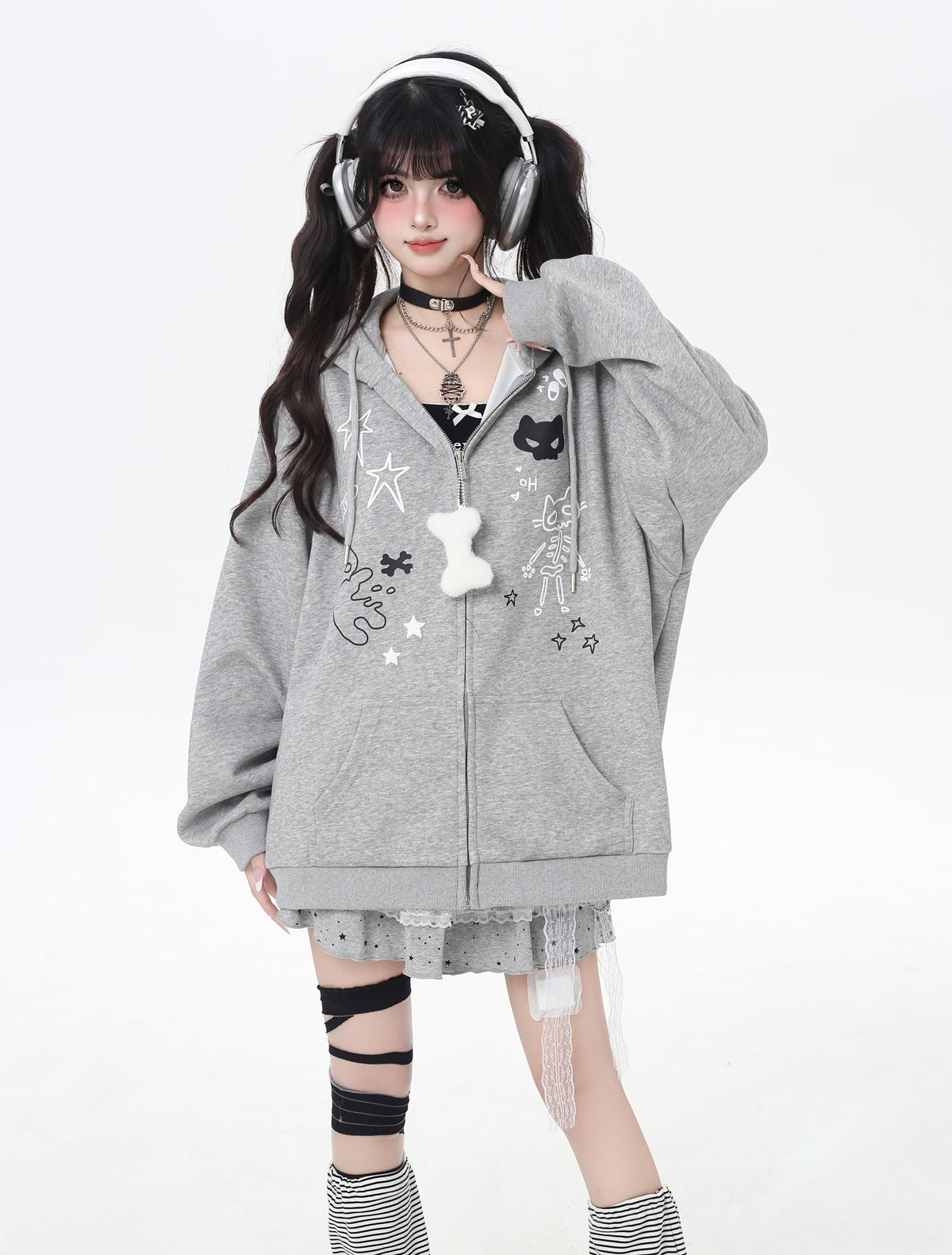 Cat Ear Bow Graphic Zip Hoodie