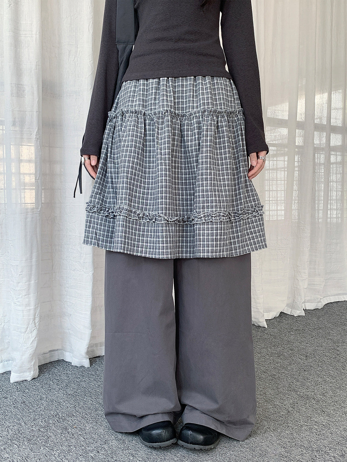Plaid Layered Skirt Wide-Leg Pants