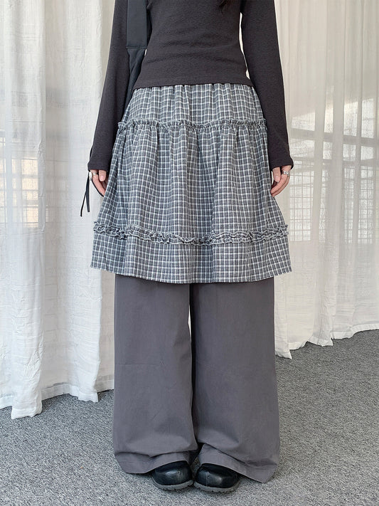 Plaid Layered Skirt Wide-Leg Pants