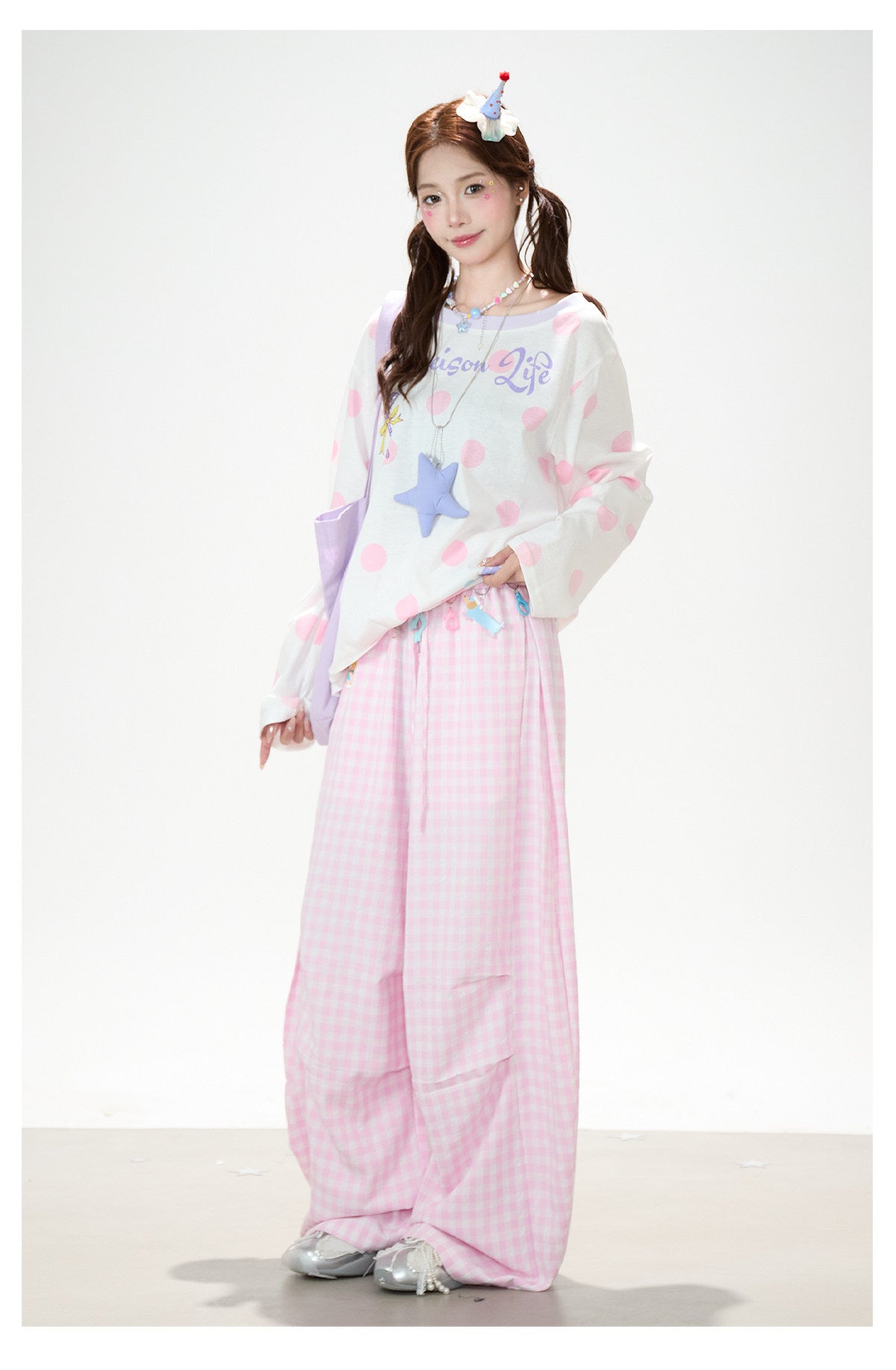 Gingham Oversized Wide-Leg Cargo Pants