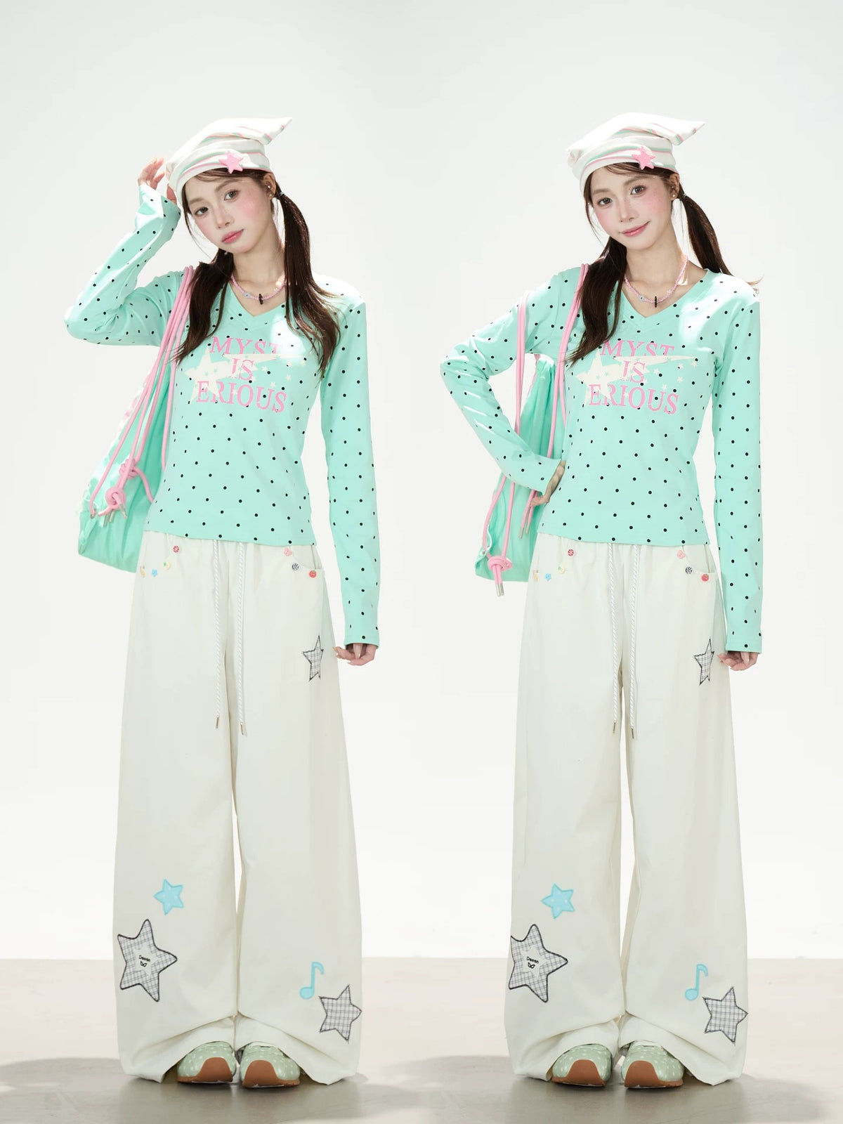 Polka-Dot V-Neck Long Sleeve Top & Star Music Note Wide-Leg Pants