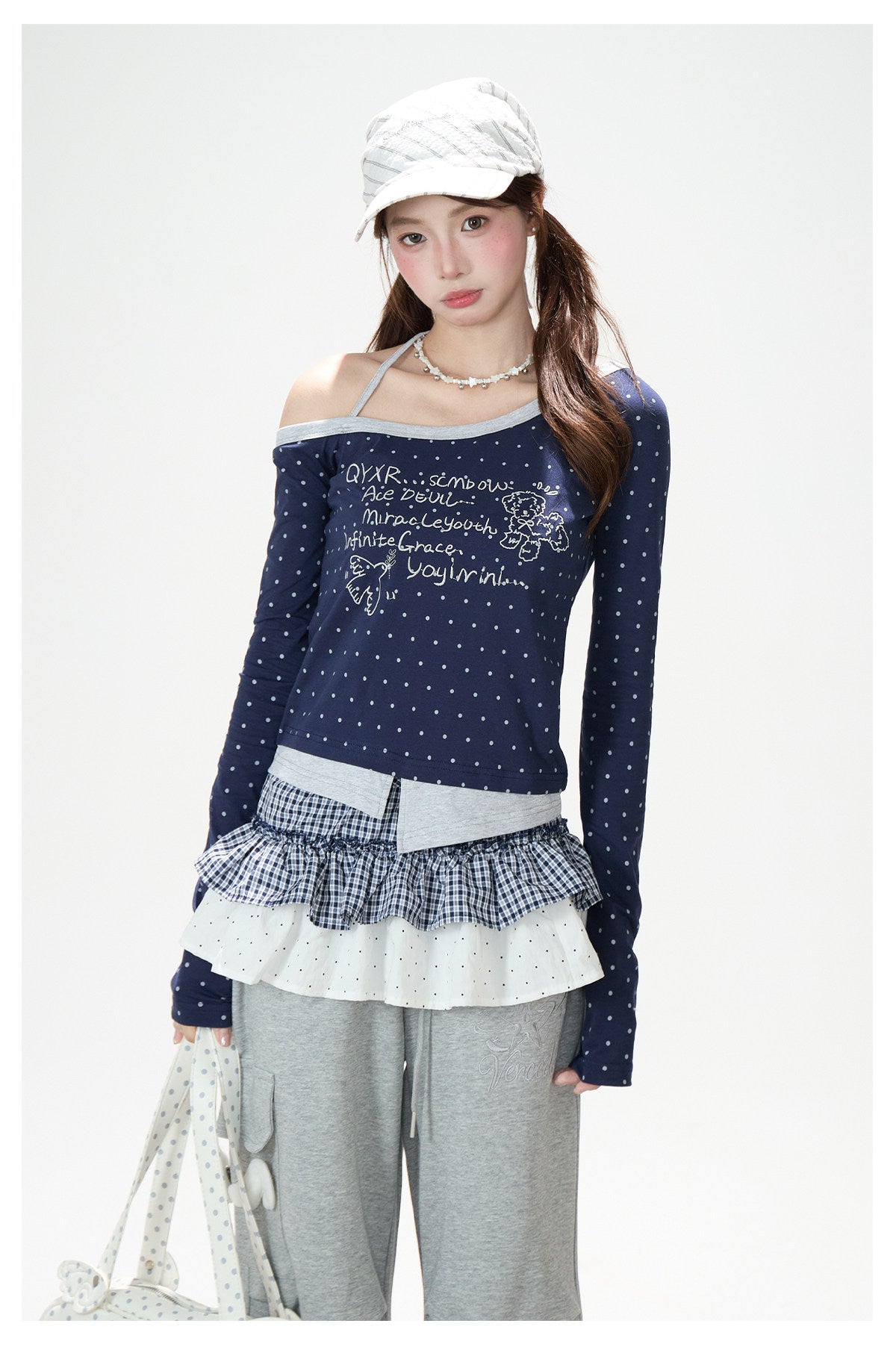 Polka-Dot Halter Off-Shoulder Long Sleeve Top & Wing Lace Wide-Leg Cargo Pants