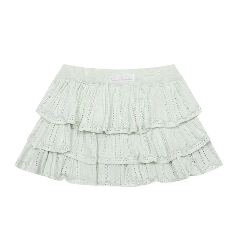 Pointelle Bow Cardigan & Cami Knit Set & Tiered Ruffle Mini Skirt