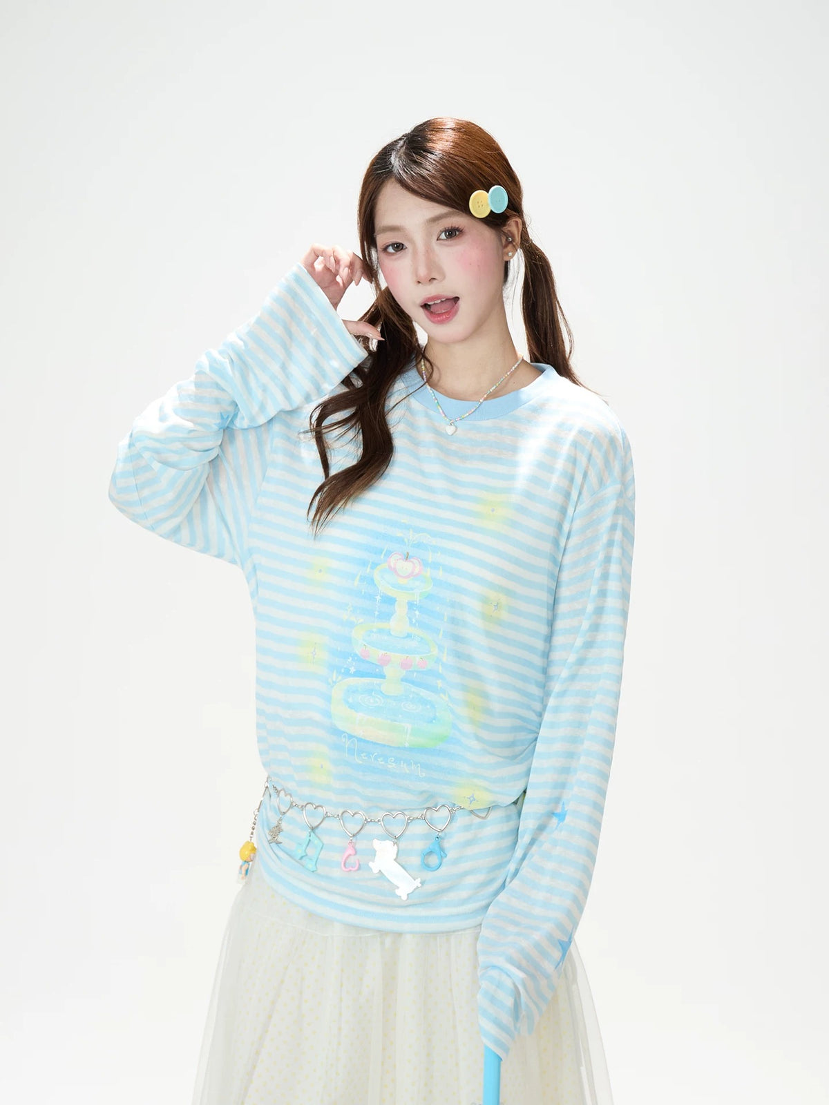 Pastel Stripe Cartoon Drawstring Long Sleeve Top & Khaki Wide-Leg Pants