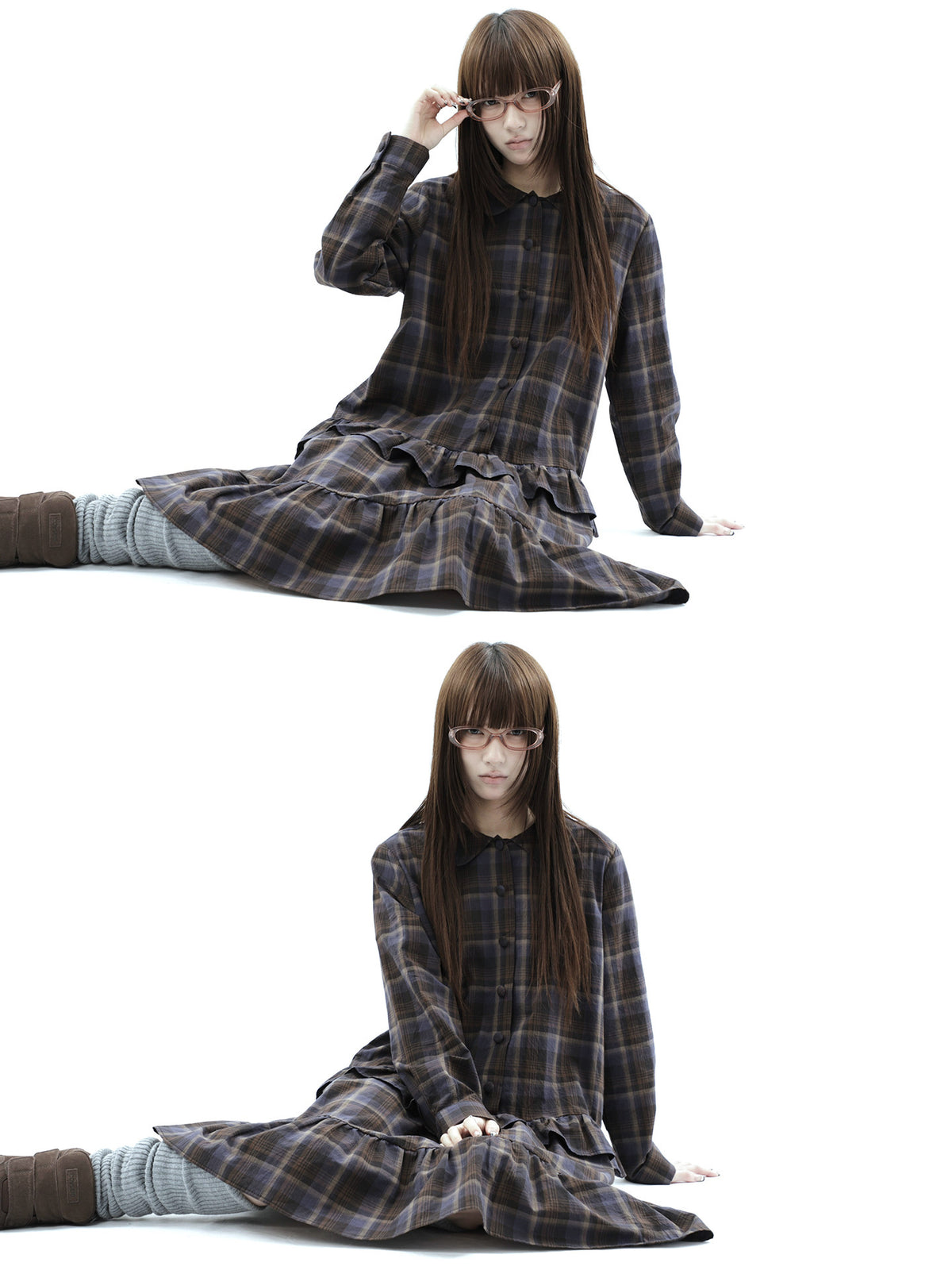 Plaid Ruffle-Hem Long Sleeve Shirt Dress