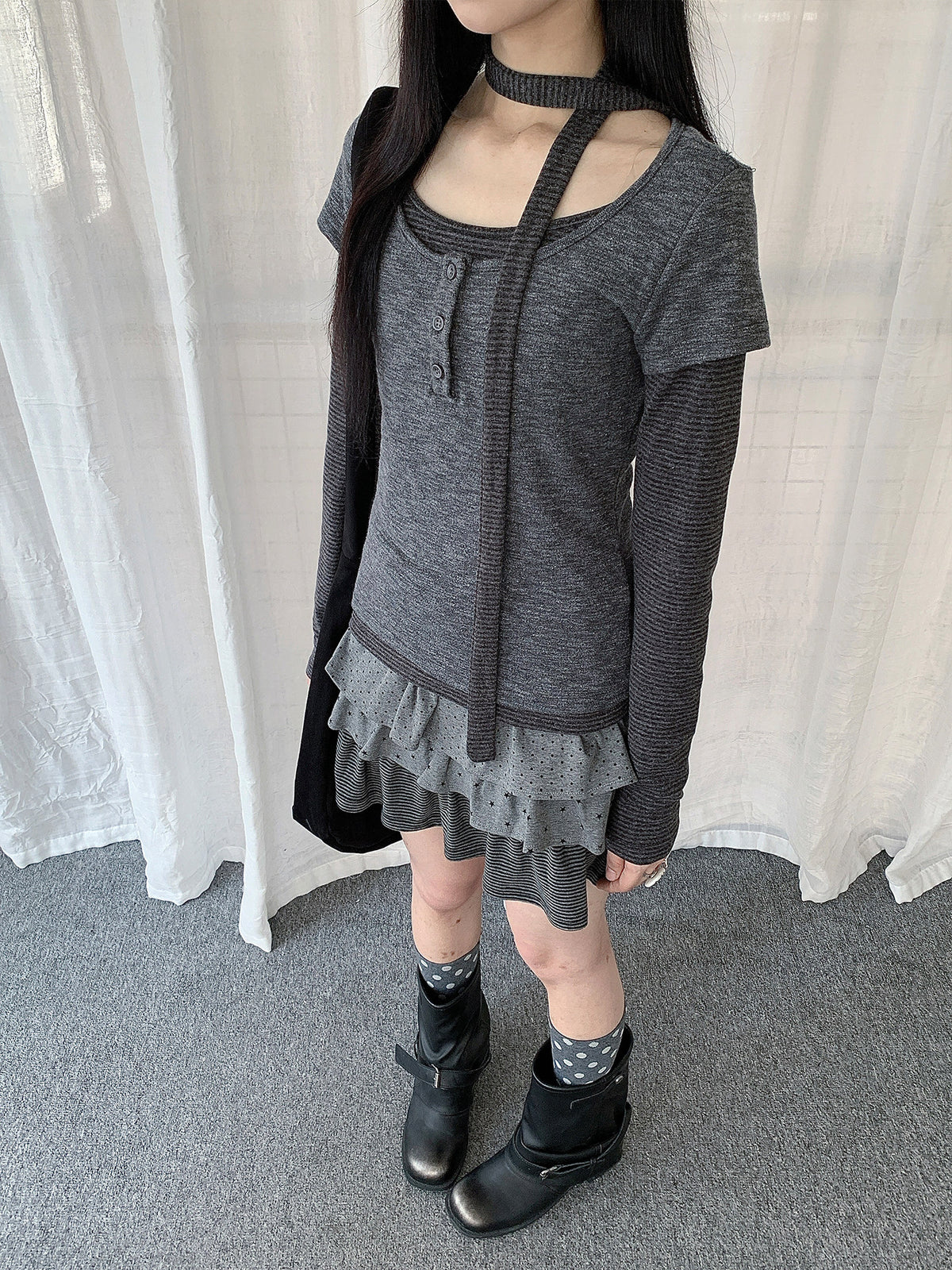 Striped Layered Henley Long Sleeve Top with Neck Tie