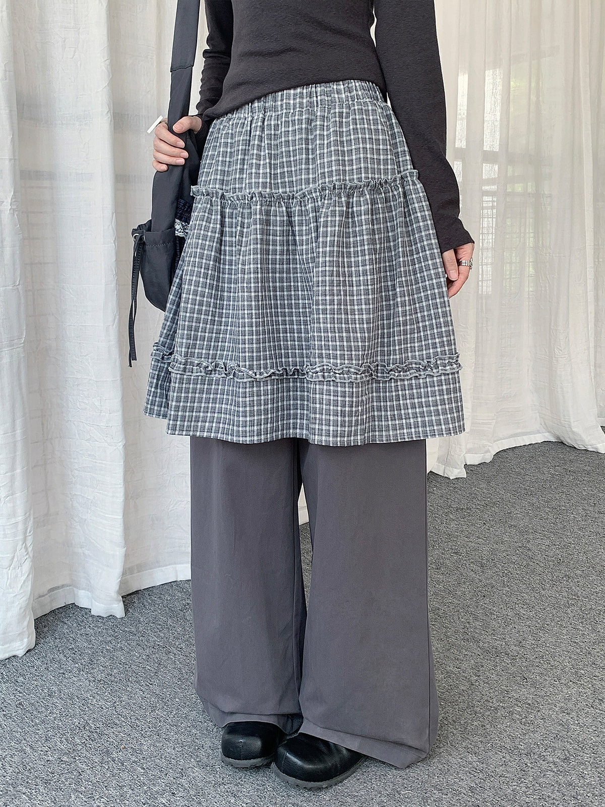 Plaid Layered Skirt Wide-Leg Pants