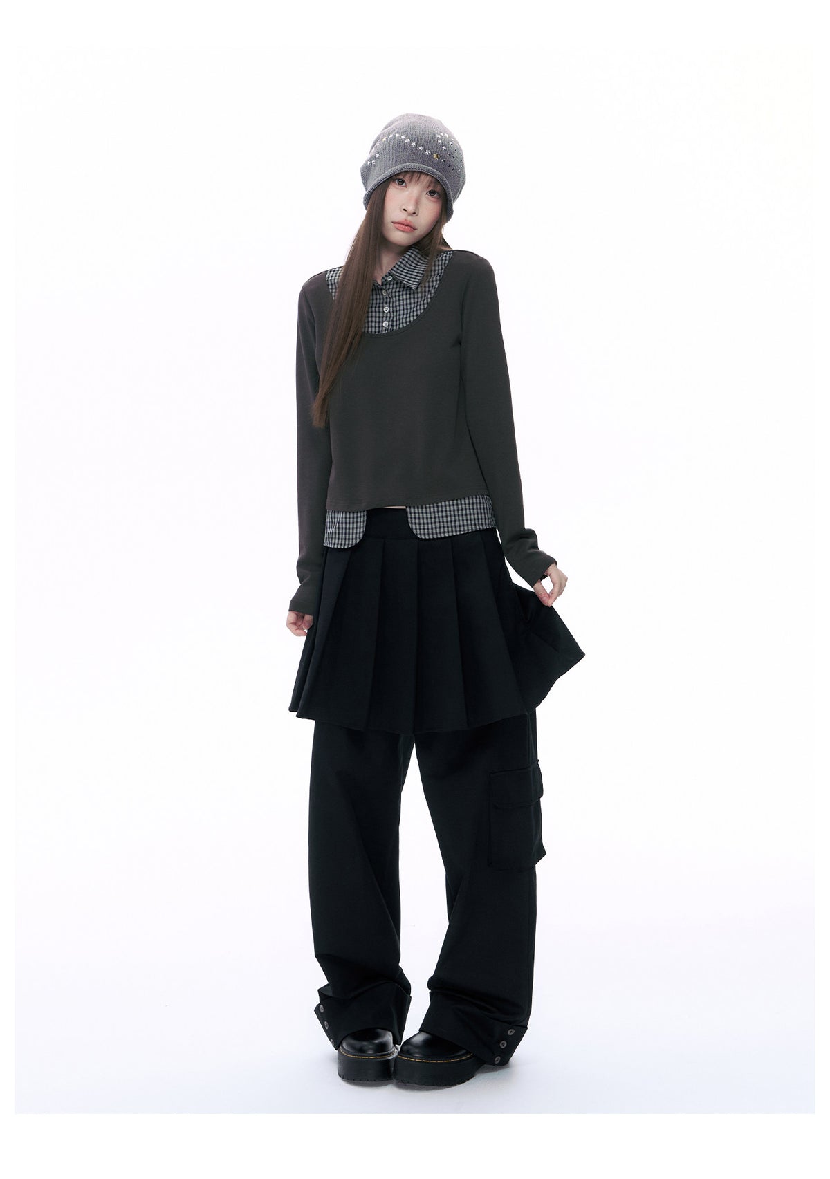 Pleated Skirt-Overlay Cargo Wide-Leg Pants
