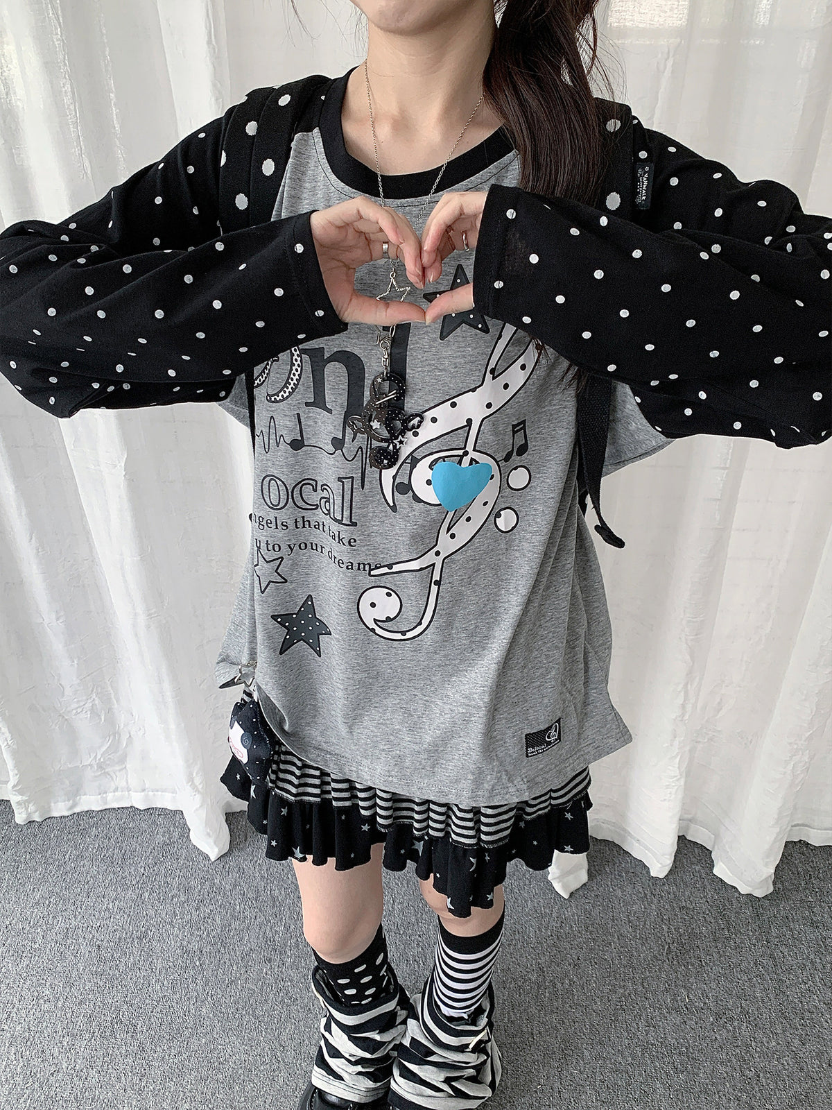 Music Note Polka Dot Layered Raglan Long Sleeve Top