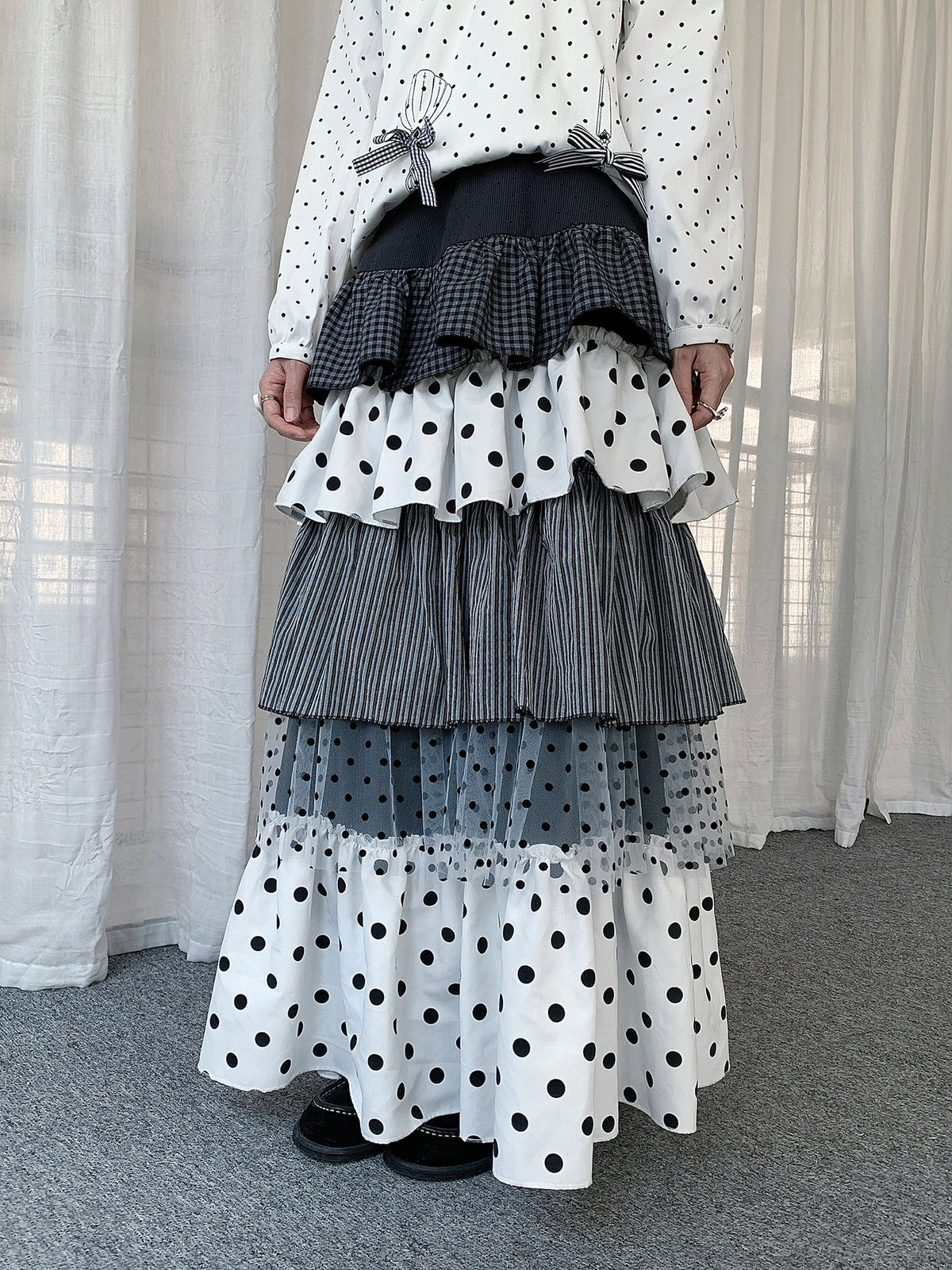 Mixed Polka Dot Plaid Tiered Maxi Skirt