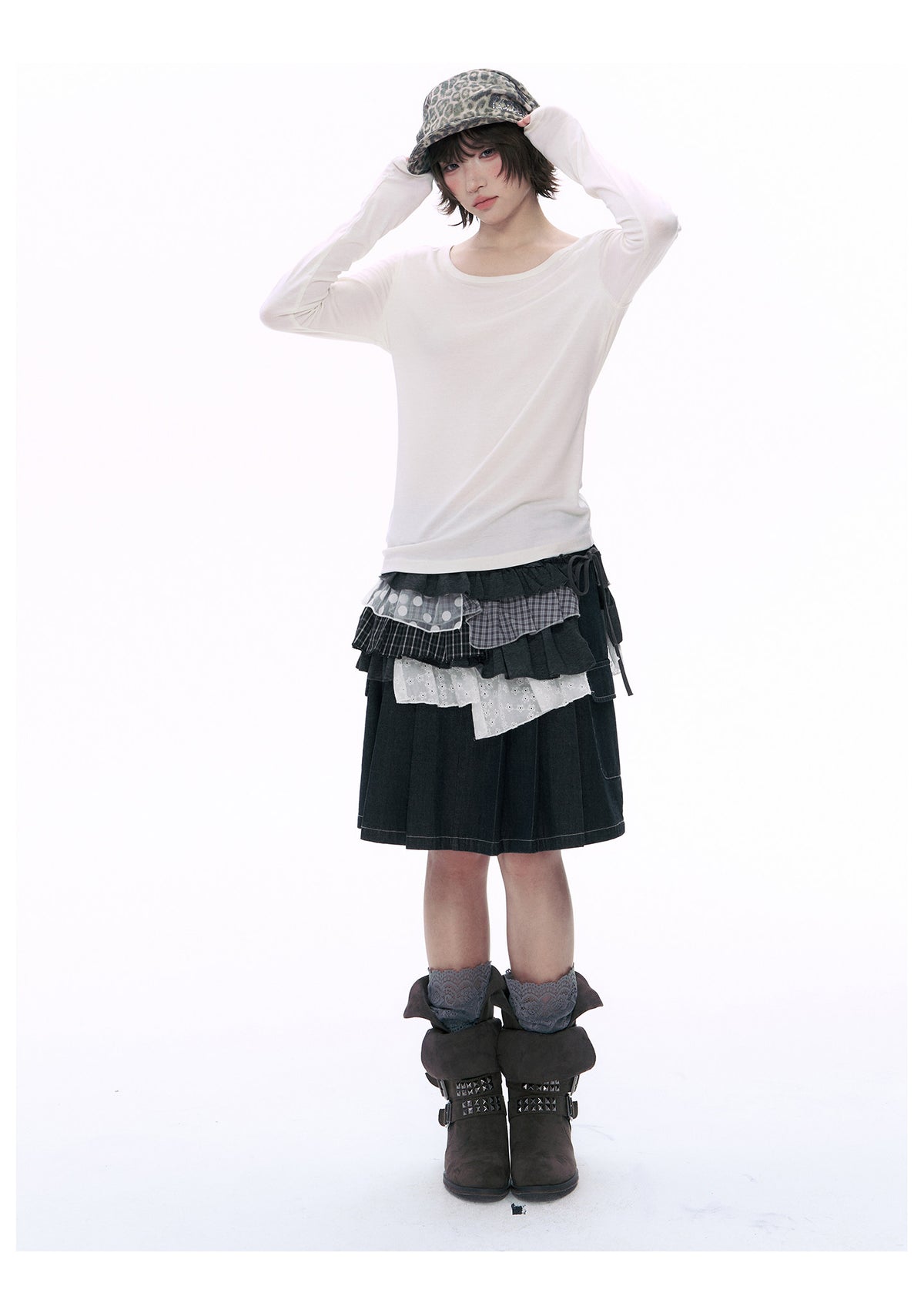Embroidered Star Pleated Denim Midi Skirt