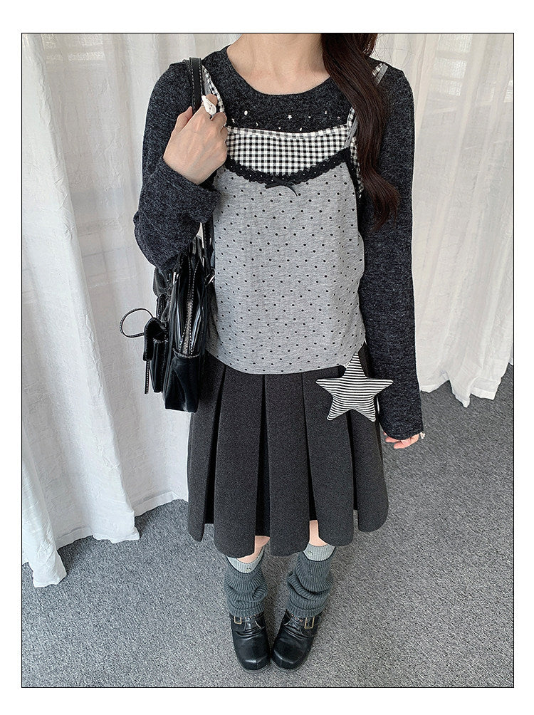 Black Gray Layered Gingham Cami Long Sleeve Top