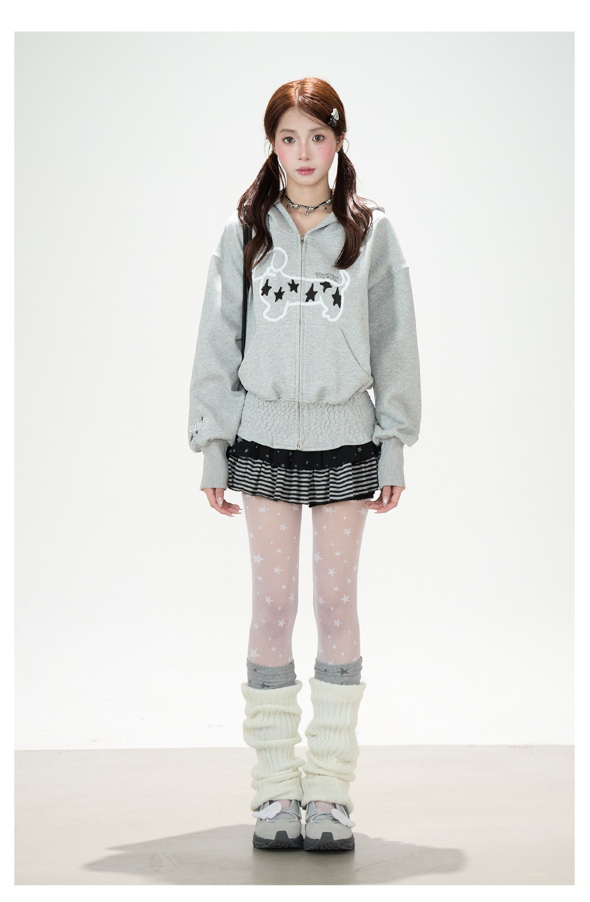 Star Puppy Zip-Up Hoodie & Black Stripe Ruffle Mini Skirt