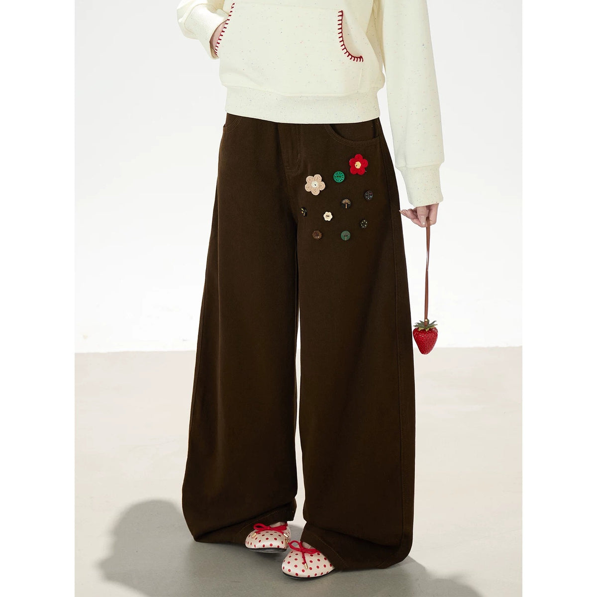 Apple Embroidered Hoodie & Floral Wide-Leg Sweatpants