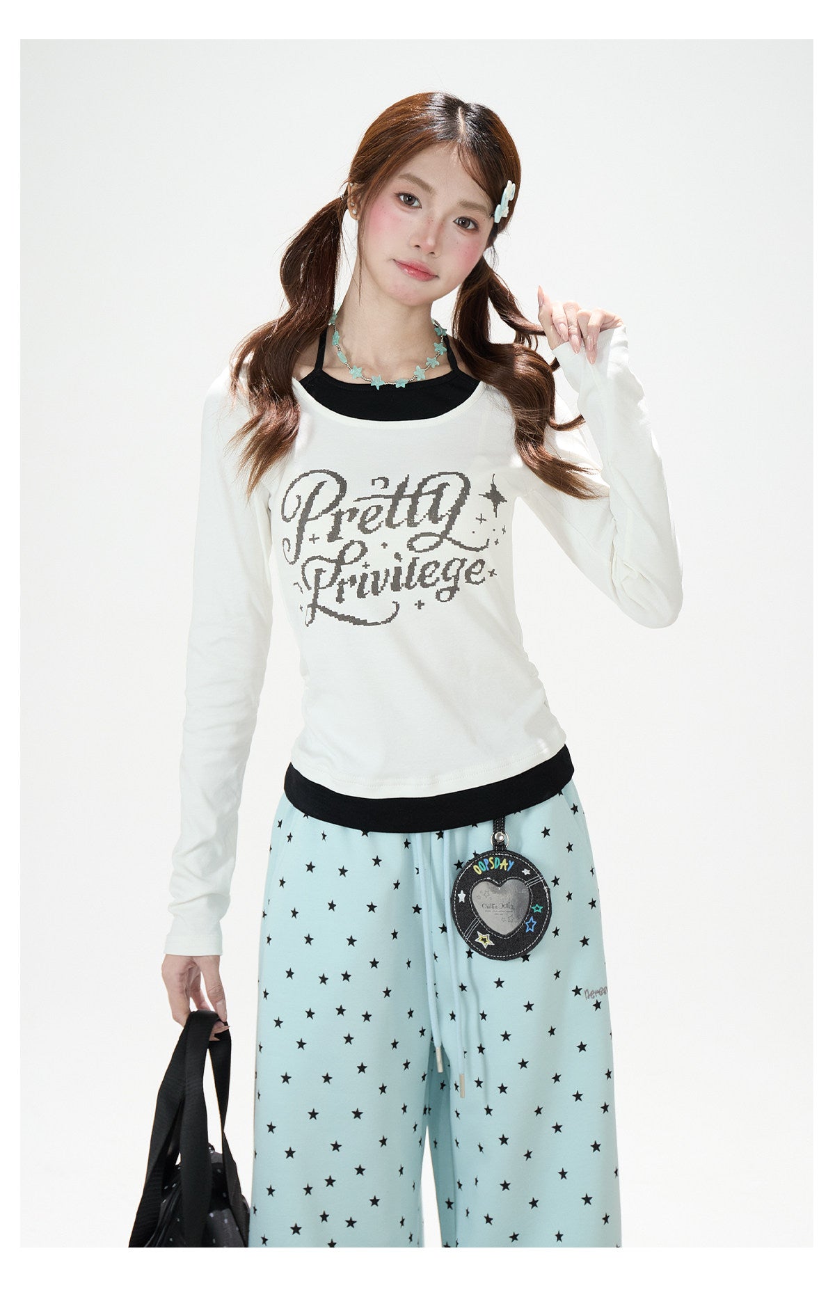Contrast Halter Layered Long Sleeve Top & Allover Star Wide-Leg Sweatpants
