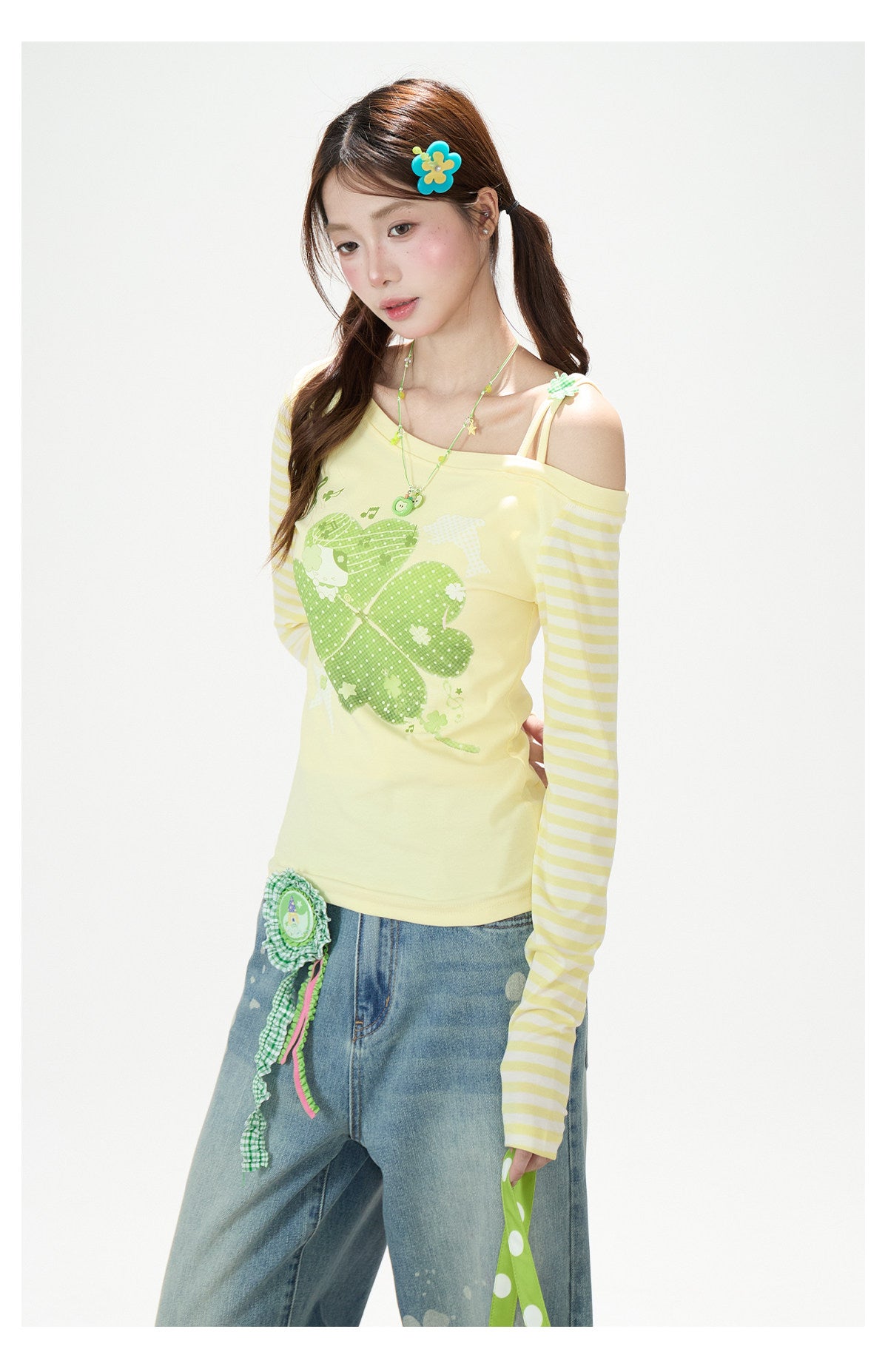 Clover Stripe Off-Shoulder Long Sleeve Top & Star Music Note Wide-Leg Jeans