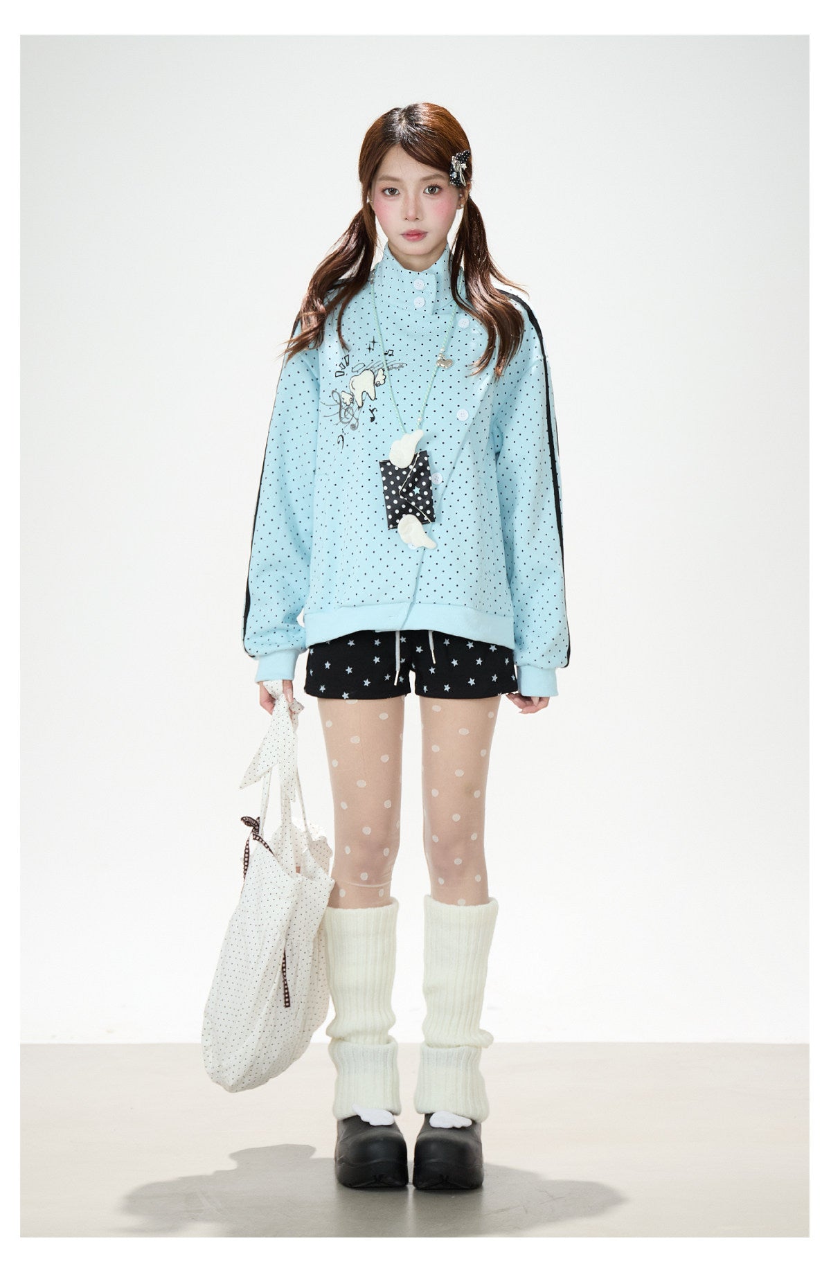 Polka-Dot Stripe Asymmetric Button Jacket & Star Print Shorts