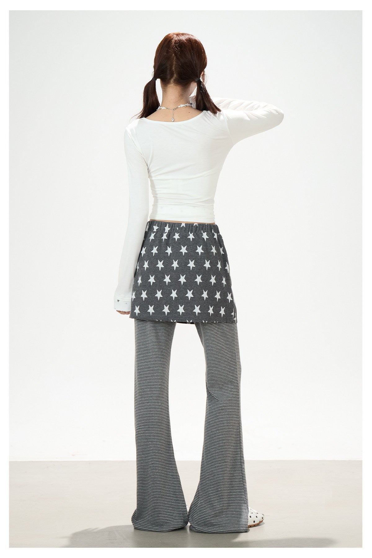 Star Bow-Tie Long Sleeve Top & Star Skirt-Layer Stripe Flared Pants