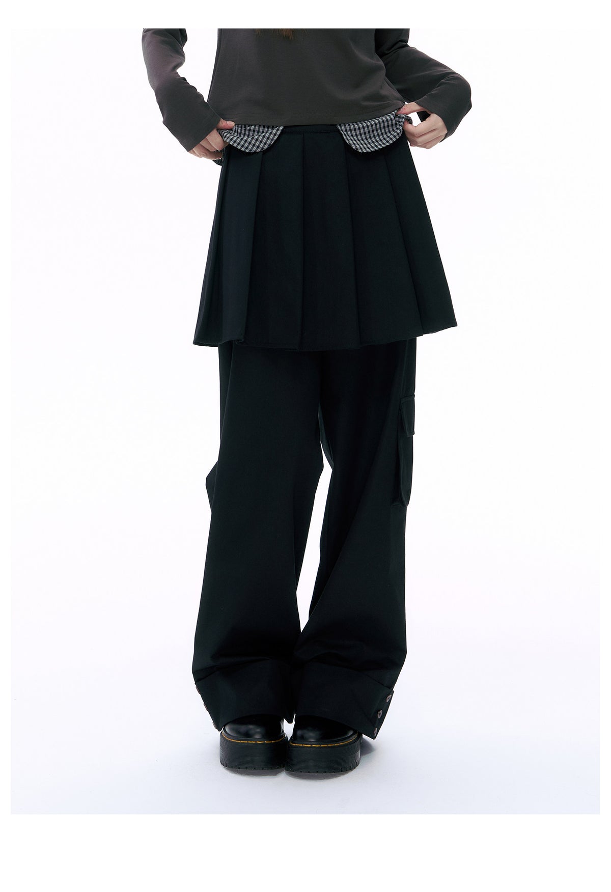 Pleated Skirt-Overlay Cargo Wide-Leg Pants