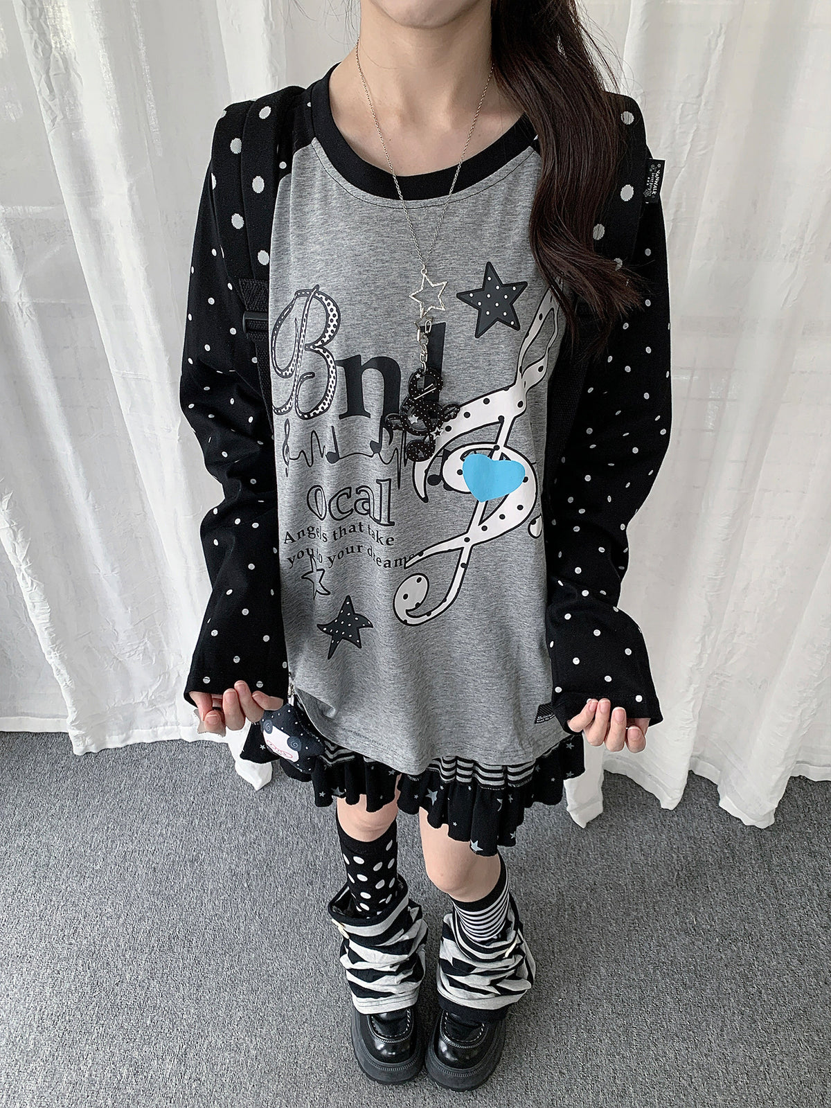 Music Note Polka Dot Layered Raglan Long Sleeve Top