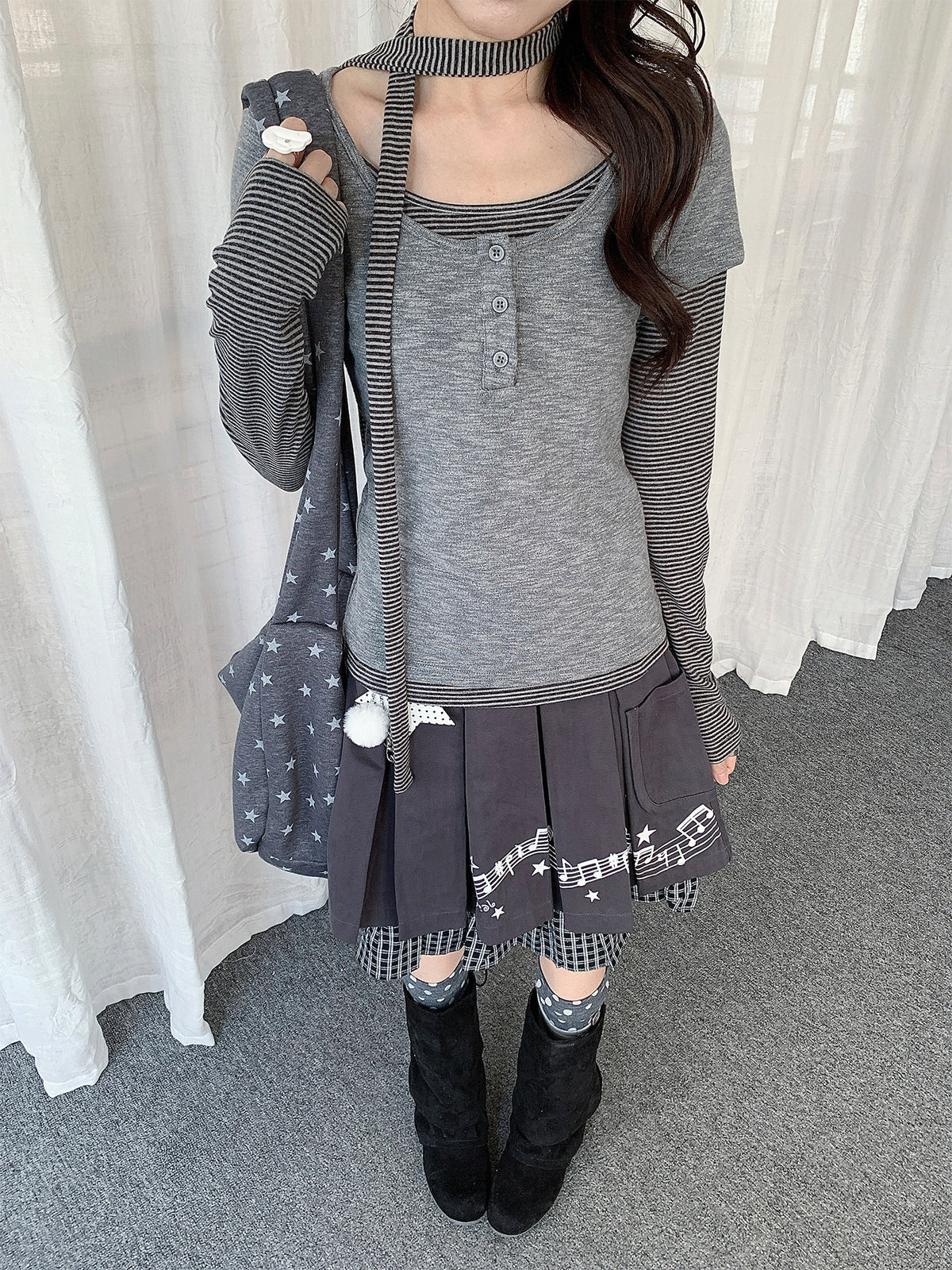 Striped Layered Henley Long Sleeve Top with Neck Tie