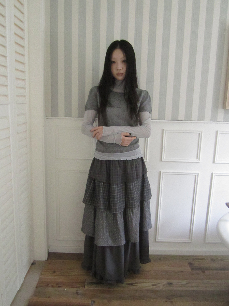 Layered Plaid & Polka Dot Tiered Maxi Skirt
