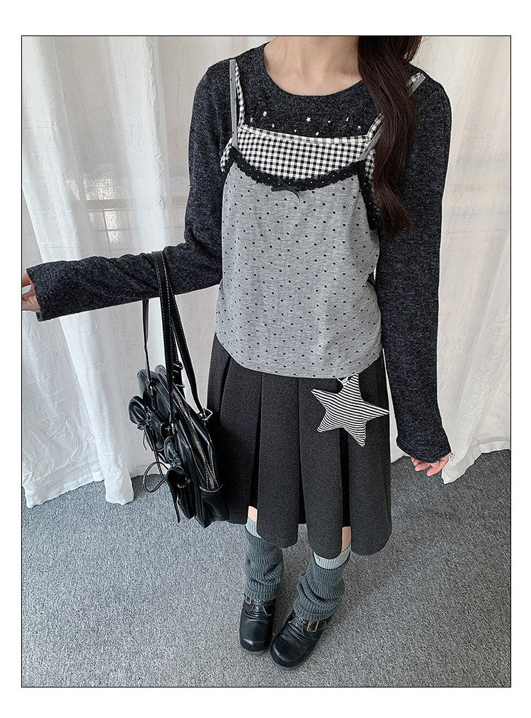 Black Gray Layered Gingham Cami Long Sleeve Top