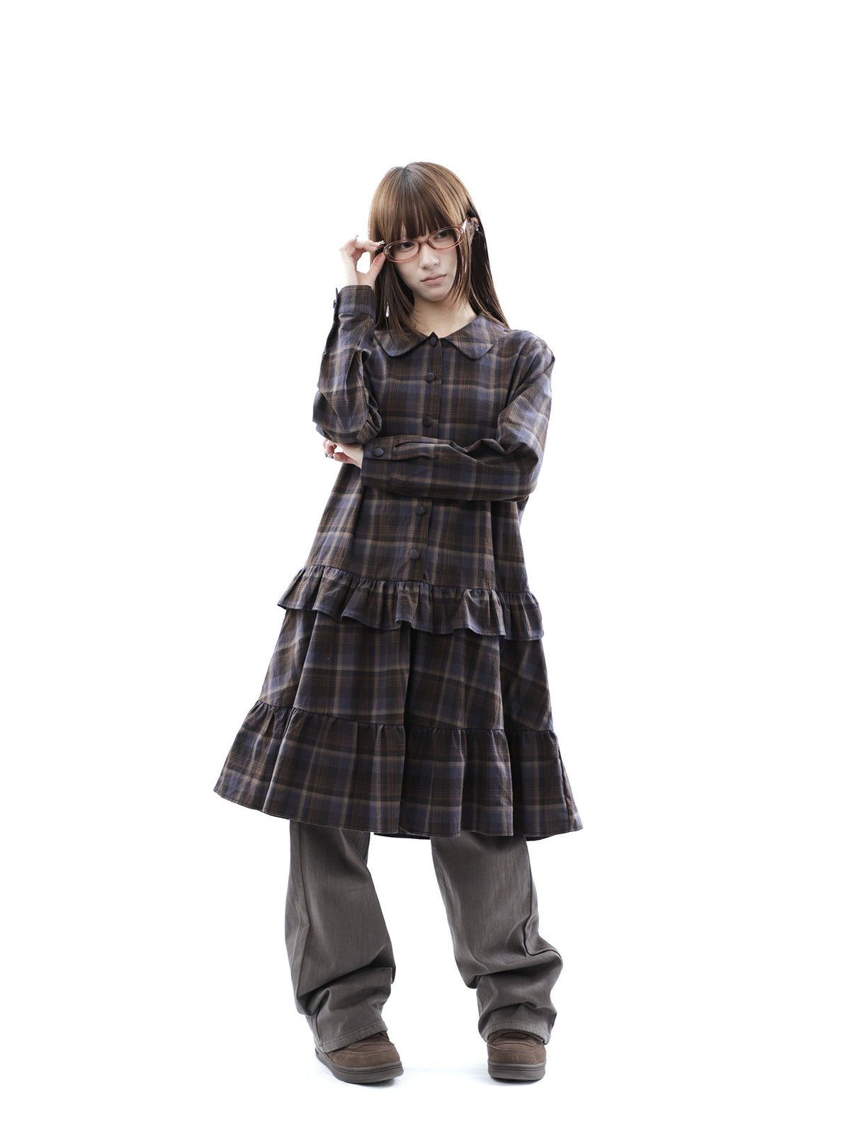 Plaid Ruffle-Hem Long Sleeve Shirt Dress