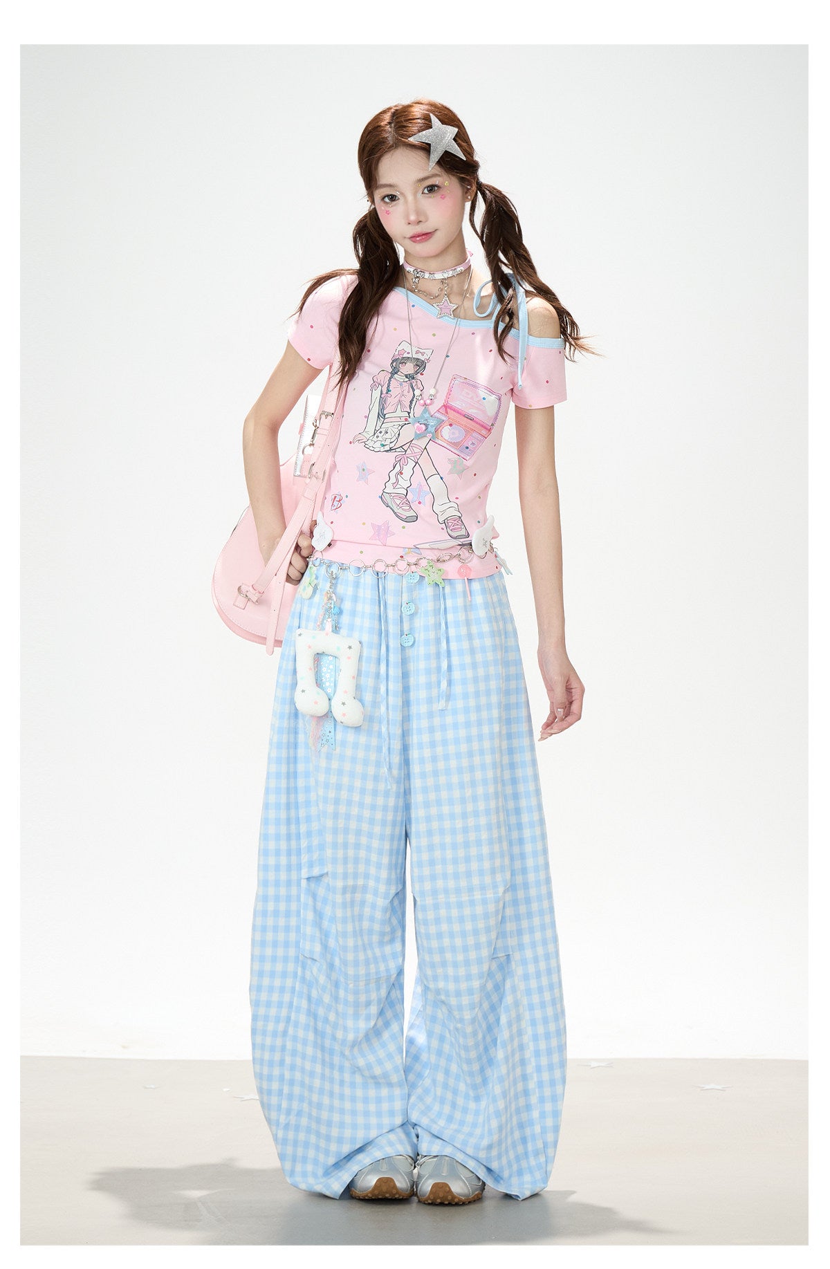 Gingham Oversized Wide-Leg Cargo Pants