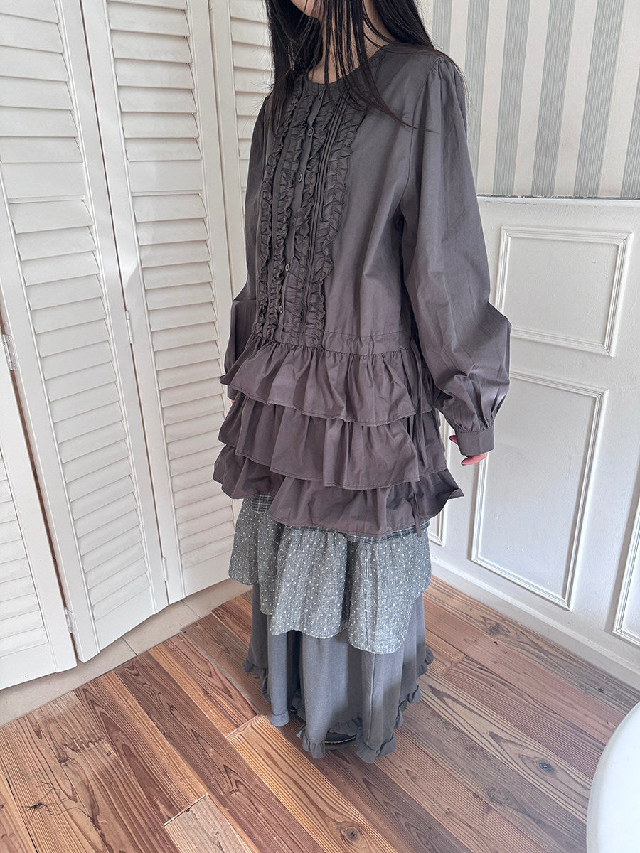 Ruffle-Trim Button Tiered Long Sleeve Tunic Top