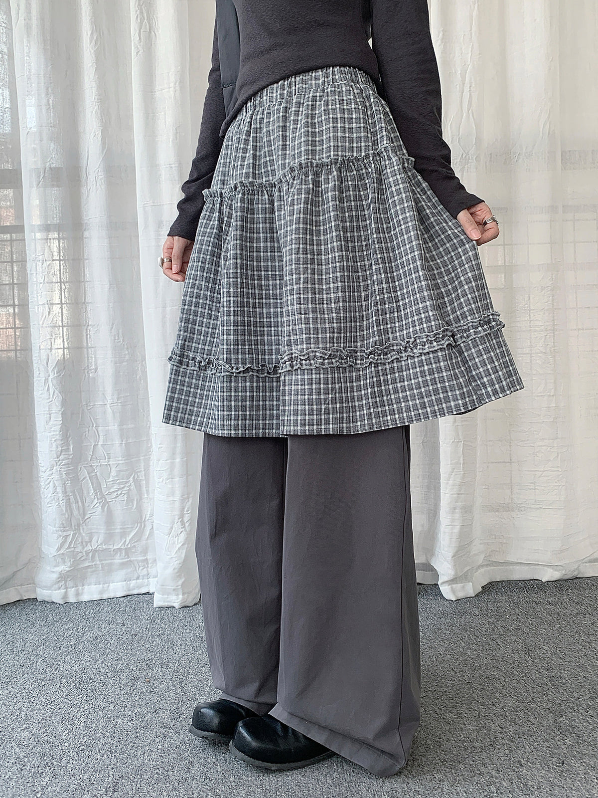 Plaid Layered Skirt Wide-Leg Pants