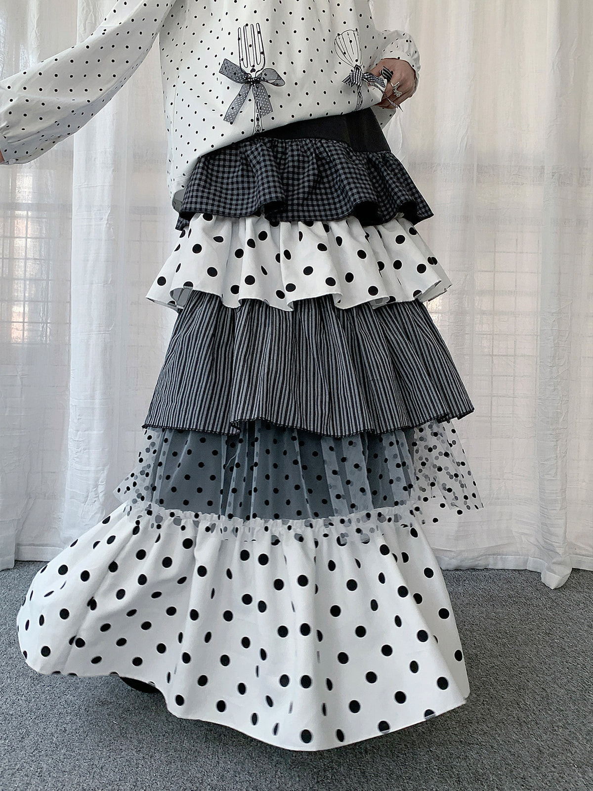 Mixed Polka Dot Plaid Tiered Maxi Skirt