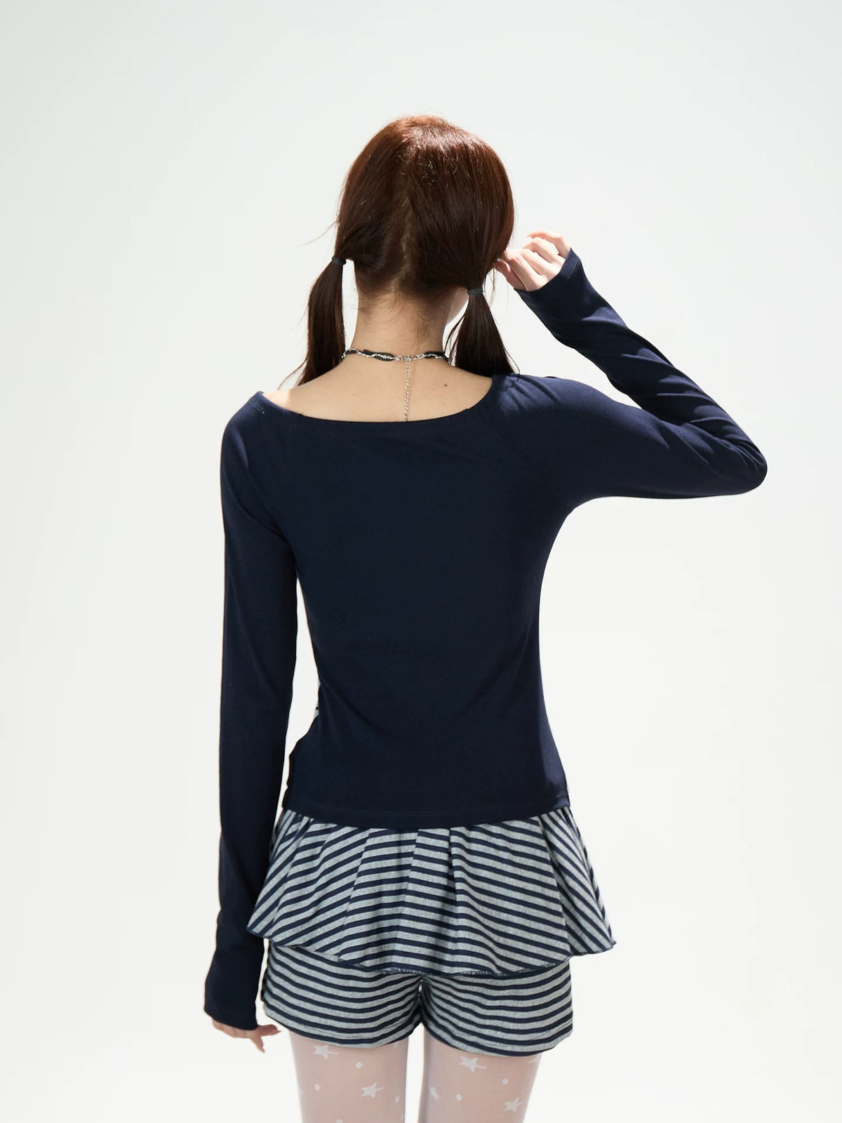 Polka-Dot Tie-Front Off-Shoulder Long Sleeve Top & Royal Blue Stripe Ruffle Mini Skirt