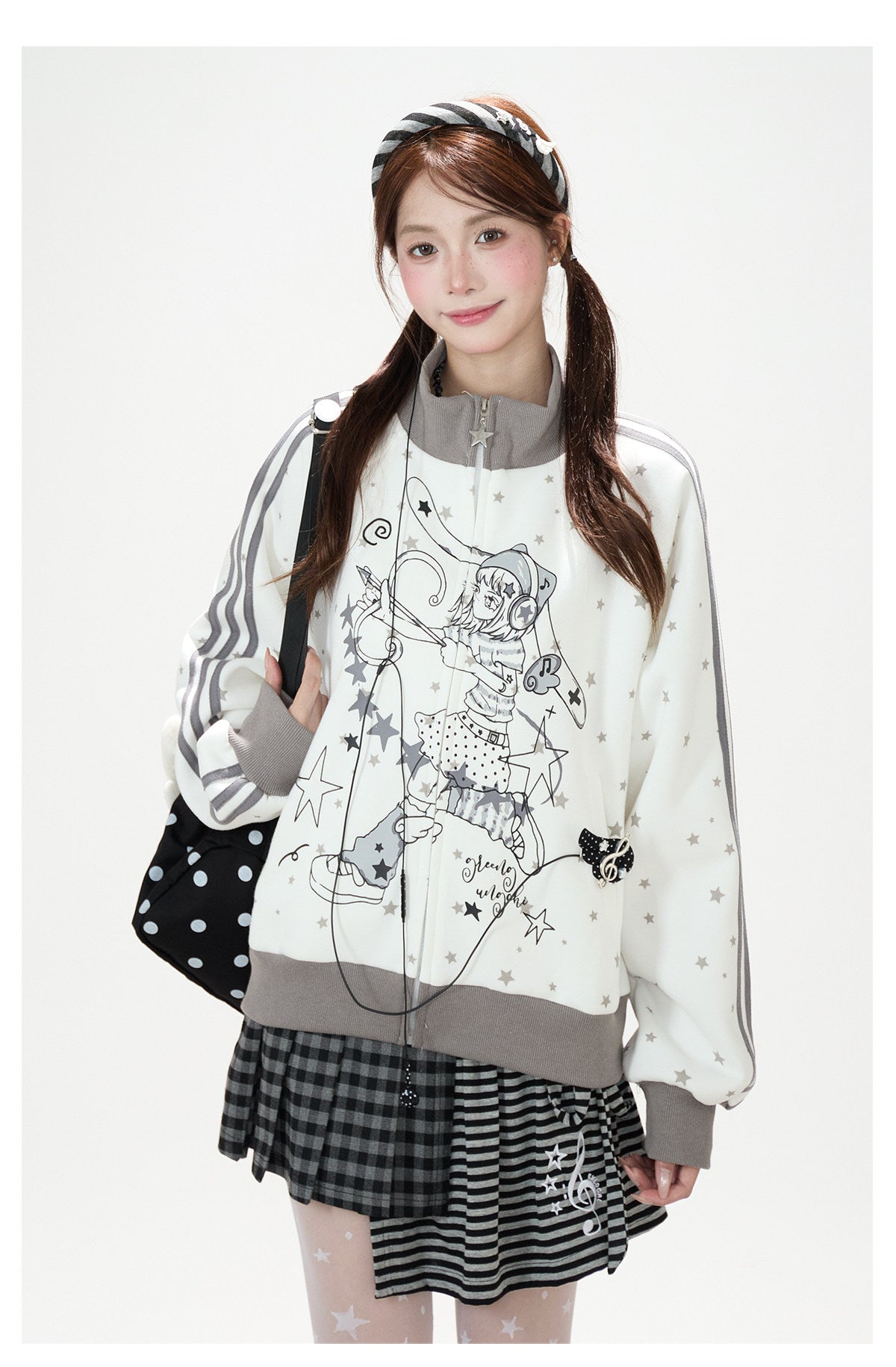Star Girl Graphic Stand-Collar Jacket & Gray Layered Mini Skirt