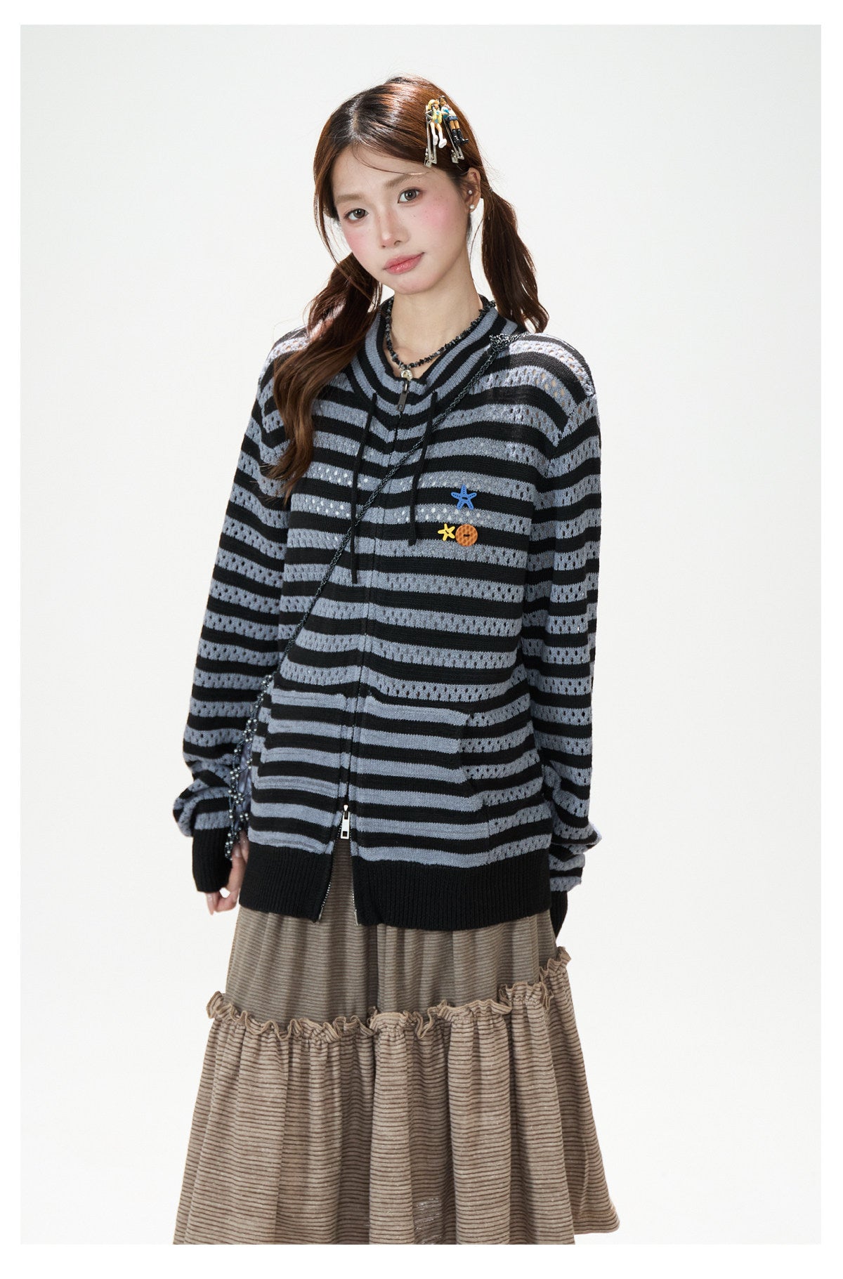 Striped Openwork Knit Cardigan & Black Polka-Dot Pleated Midi Skirt