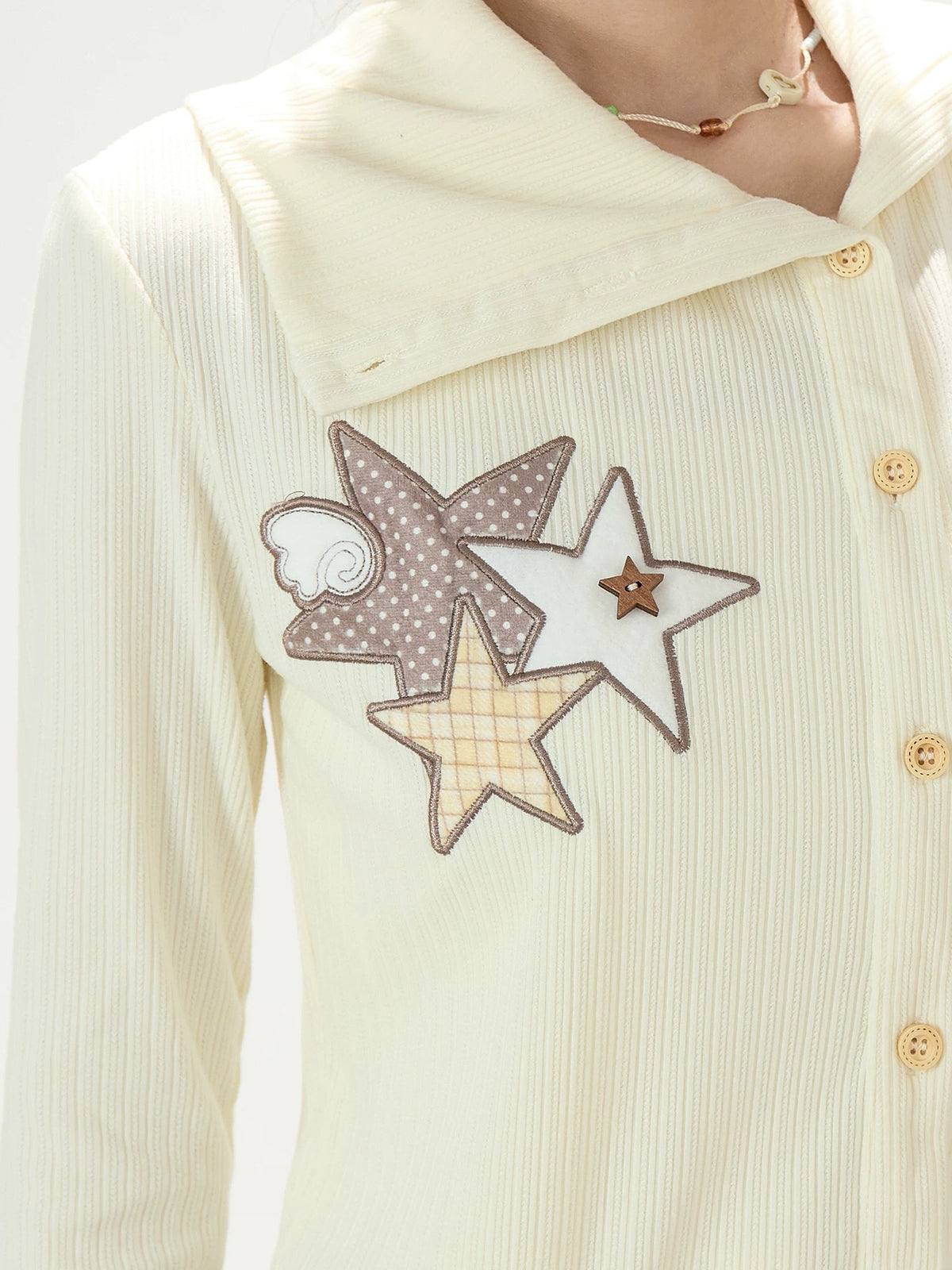 Star Patch Ruffle-Hem Collared Cardigan & Brown Plaid-Cuff Wide-Leg Pants
