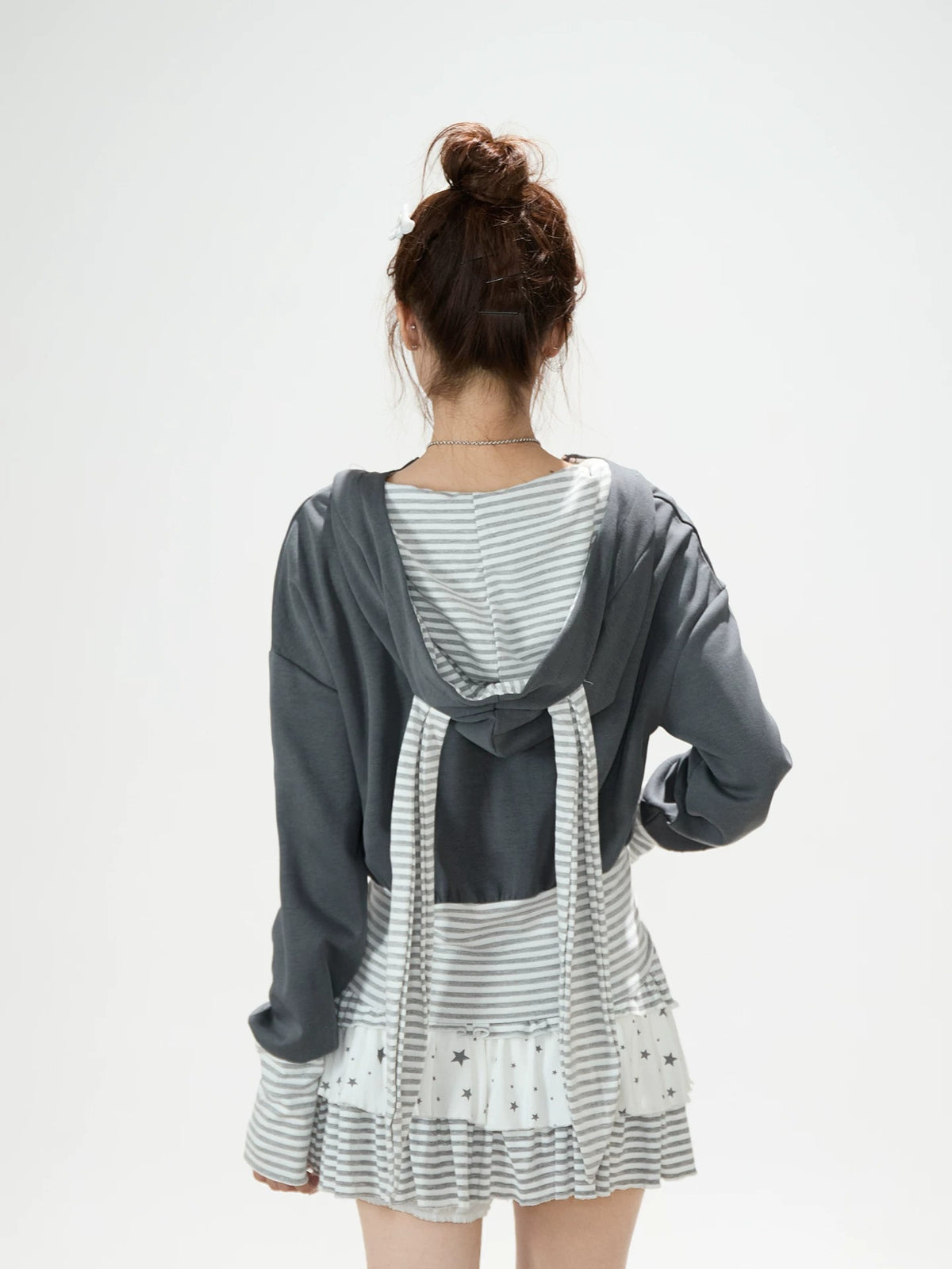 Cartoon Stripe Bunny-Ear Zip-Up Hoodie