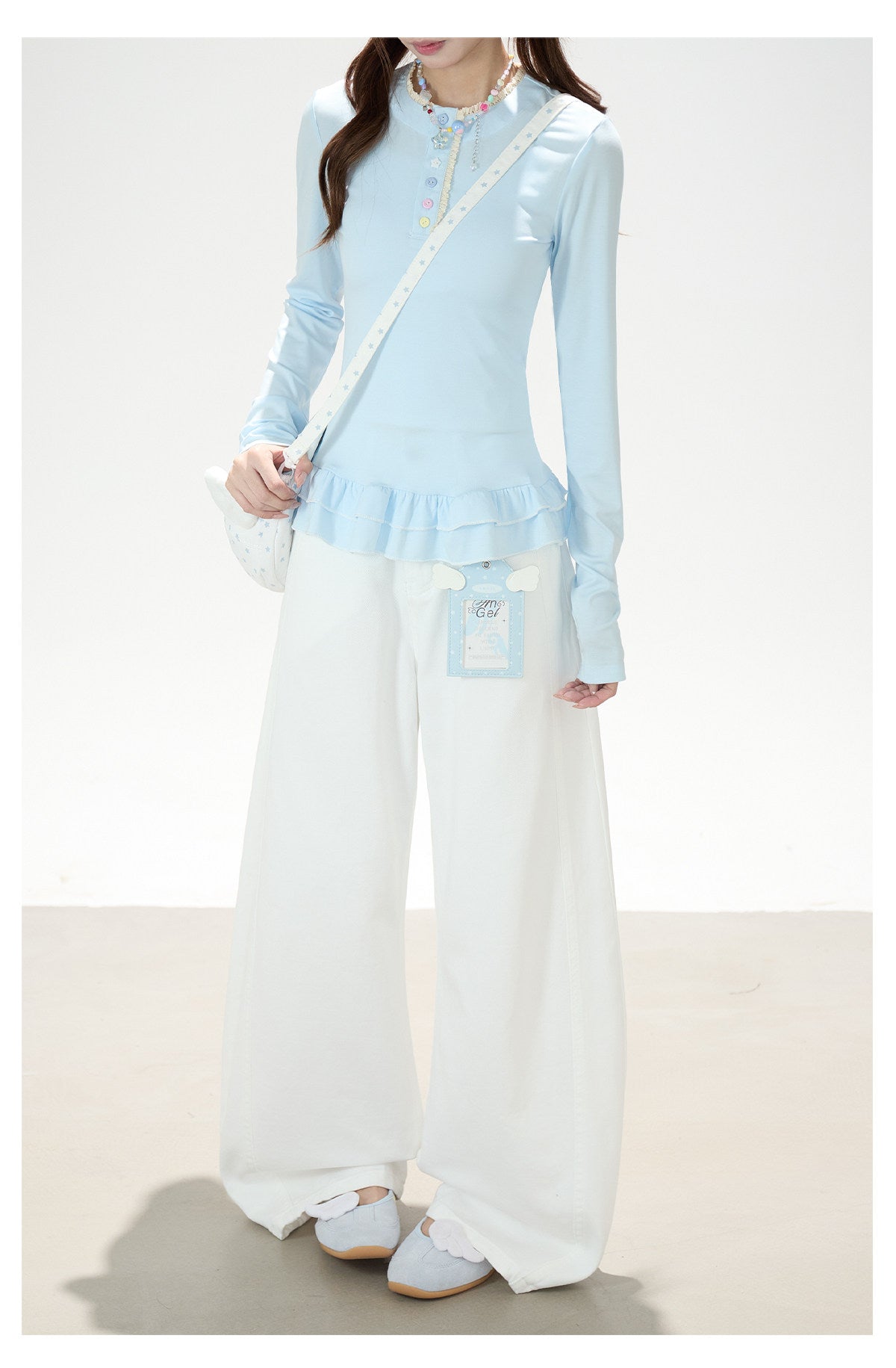 Ruffle Hem Button Long Sleeve Top & White Wide-Leg Pants