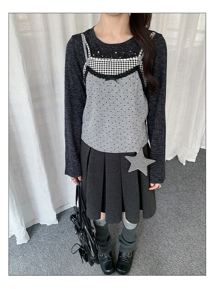 Black Gray Layered Gingham Cami Long Sleeve Top