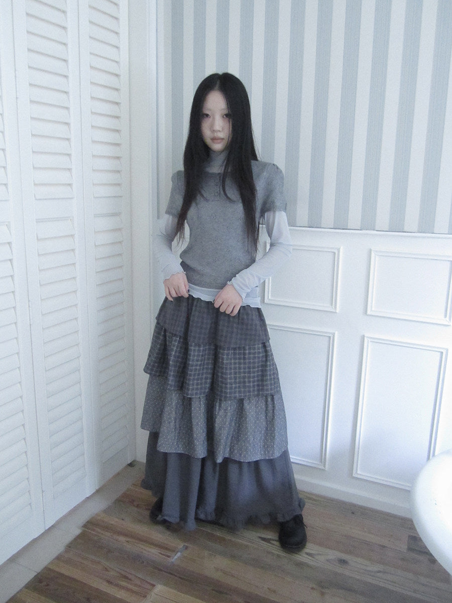 Layered Plaid & Polka Dot Tiered Maxi Skirt