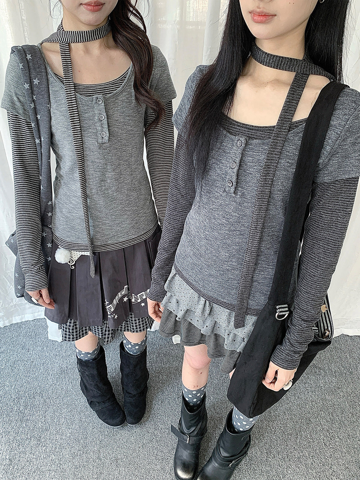 Striped Layered Henley Long Sleeve Top with Neck Tie